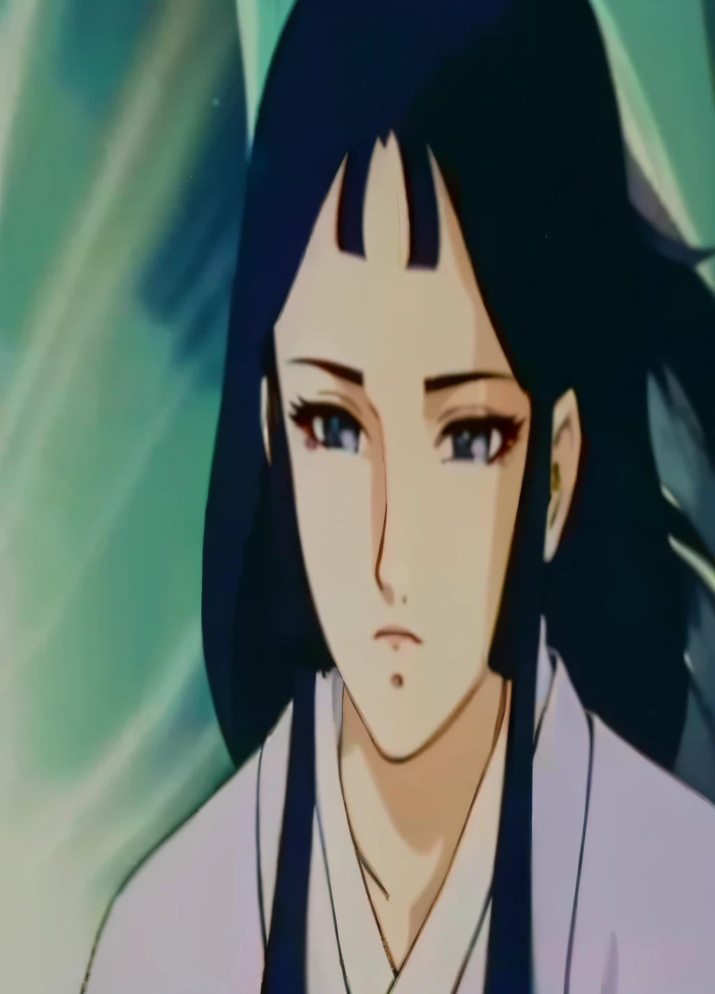 a close up of a person with long hair and a white shirt, rumiko, by Rumiko Takahashi, inspired by Kusumi Morikage, close up of iwakura lain, 80s anime ova style, the piercing stare of yuki onna, close up of lain iwakura, an retro anime image, inspired by Rumiko Takahashi real image