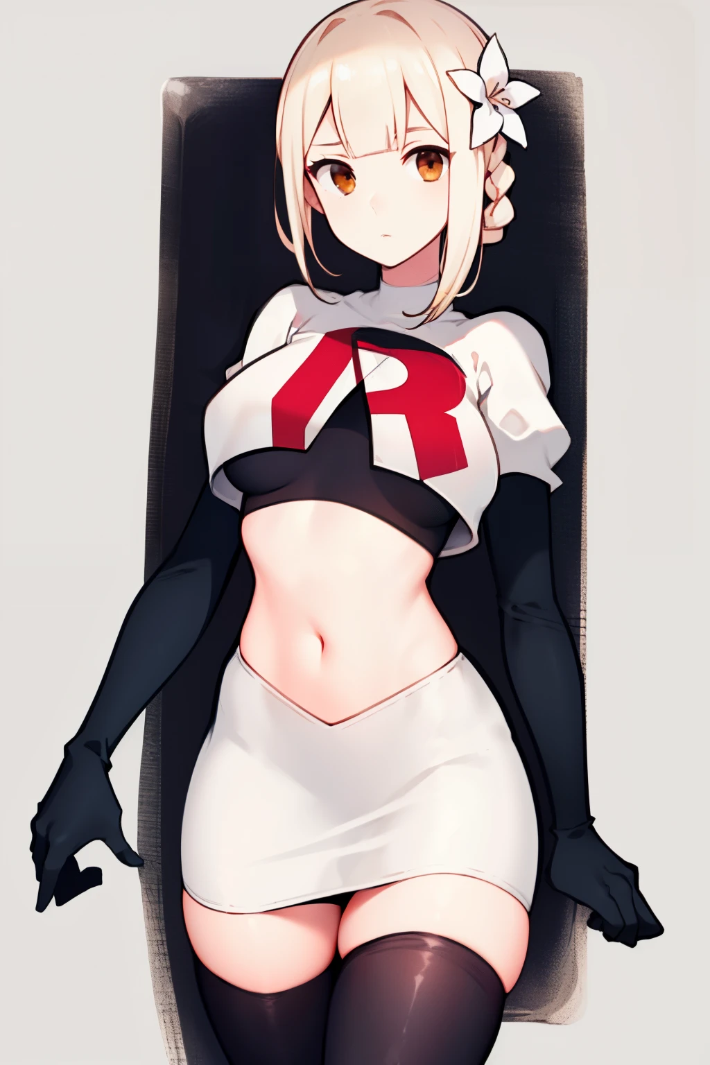 kaine \(nier\), 1girl, bandages, bangs, blonde hair, blunt bangs, braid, brown eyes,  hair flower, hair ornament, nier \(series\), short hair, single braid, solo, white background, white flower, white hair, expressionless, medium breasts, team rocket,team rocket uniform, red letter R, white skirt,white crop top,black thigh-highs,black elbow gloves