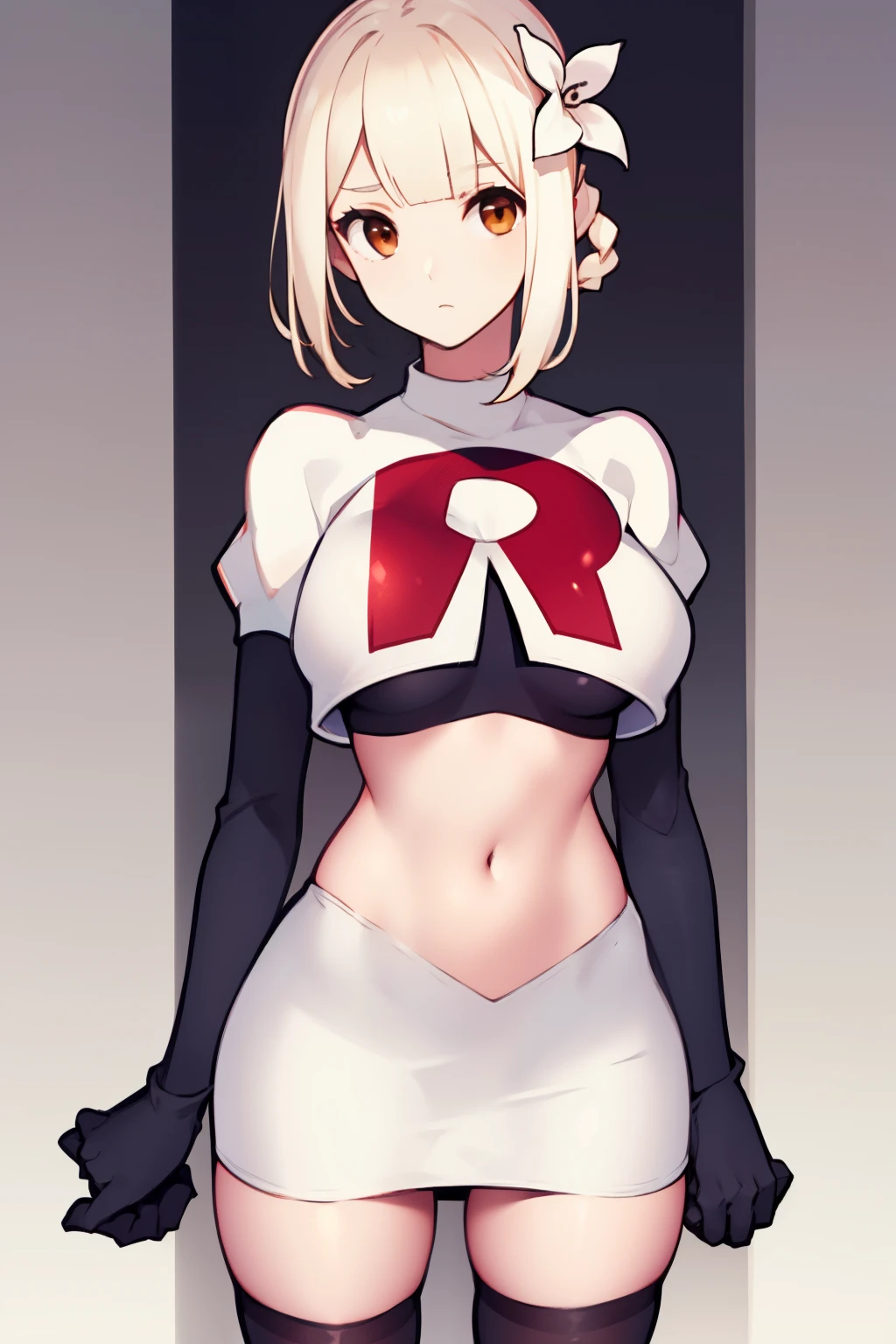 kaine \(nier\), 1girl, bandages, bangs, blonde hair, blunt bangs, braid, brown eyes,  hair flower, hair ornament, nier \(series\), short hair, single braid, solo, white background, white flower, white hair, expressionless, medium breasts, team rocket,team rocket uniform, red letter R, white skirt,white crop top,black thigh-highs,black elbow gloves