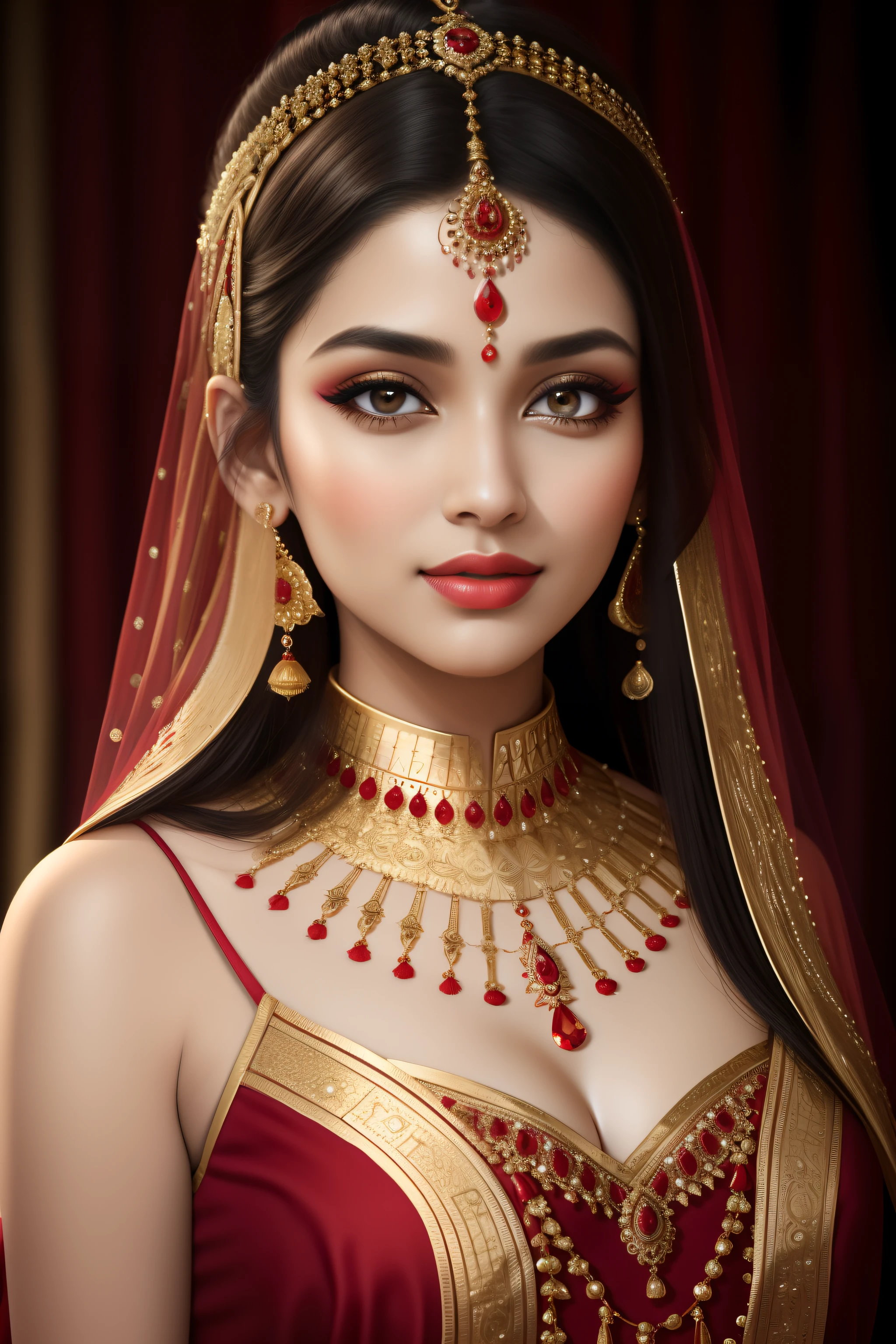 a close up of a woman in a red and gold costume, Traditional beauty, detailed beauty portrait, Portrait shooting, arabian beauty, Indian, stunning portrait, Beautiful portrait, very beautiful portrait, Rendu portrait 8k, photo of a beautiful woman, Middle Eastern skin, high quality portrait, indian empress, traditional makeup, Portrait photo of a beautiful, detailed beautiful portrait, indian style