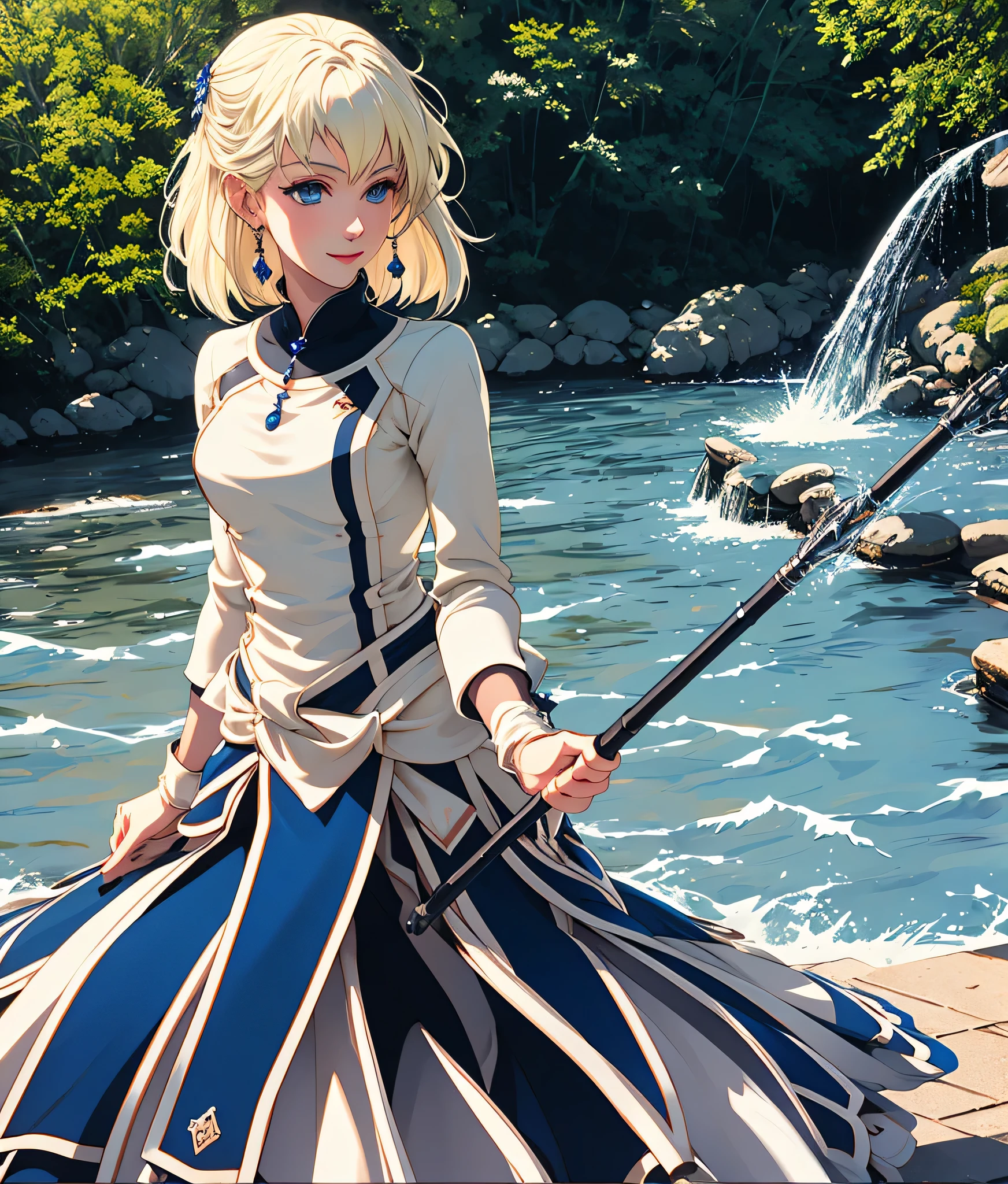 masterpiece, high res, detailed face, detailed eyes, anime screencap, 1 girl, solo, casting water magic, slender, short hair, white blonde hair, medium breasts, blue eyes, blue dress, staff, serious, blue magic, raising staff, outdoors, full body, cowboy shot, smiling 
