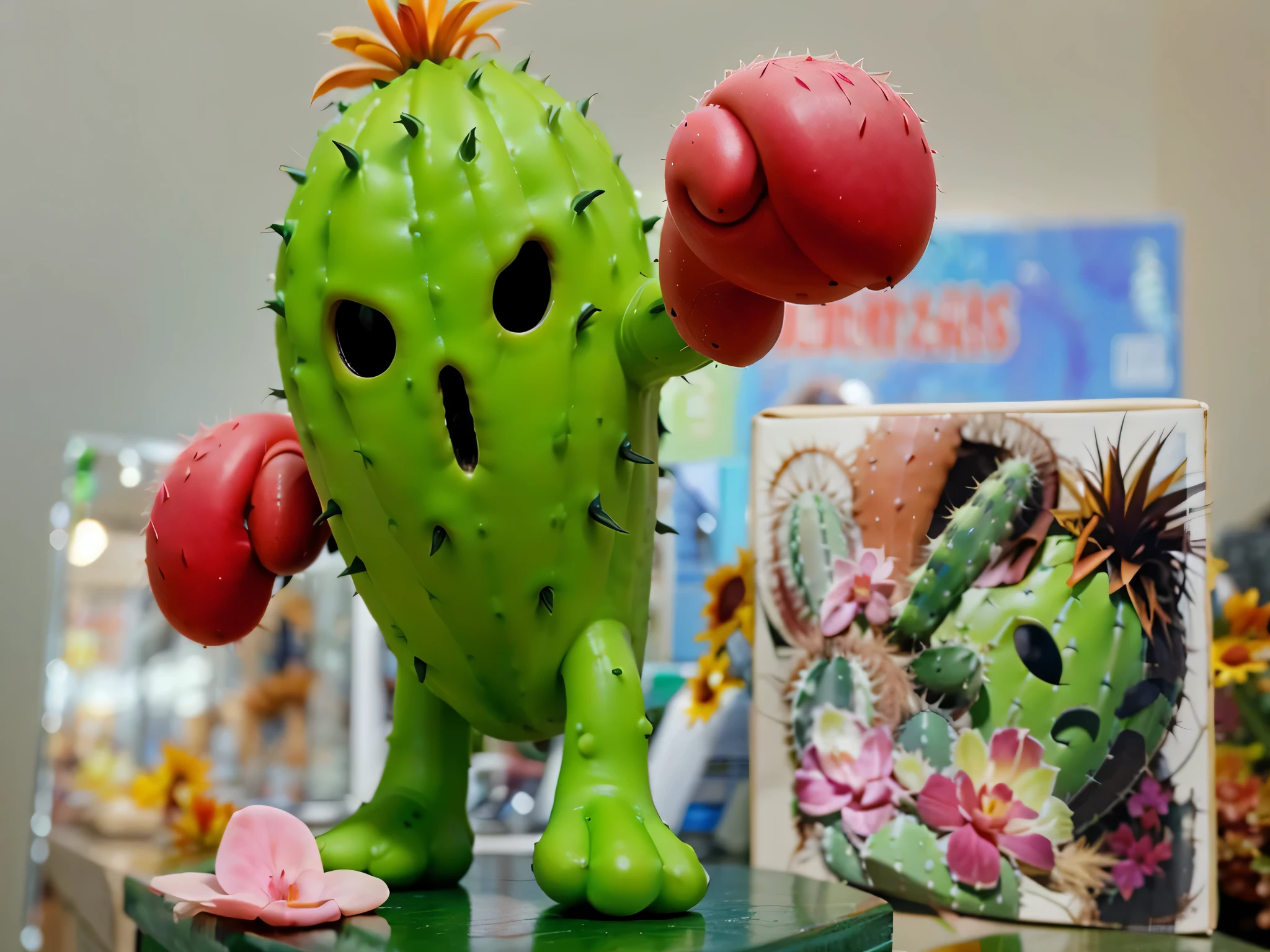 um cacto, with arms and legs. textura vegetal, feet with realistic cactus texture. com luvas de boxe