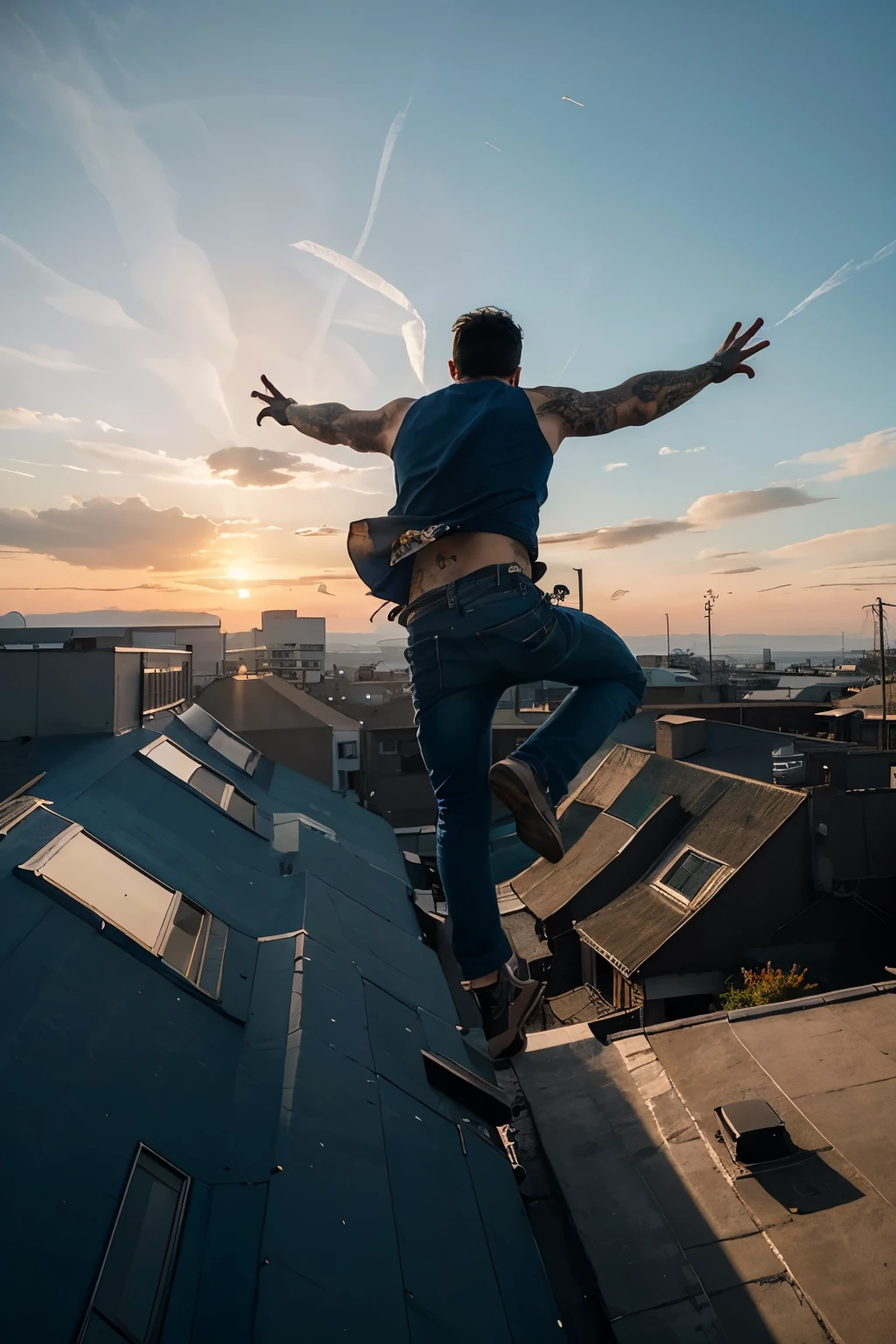first-person view you can see the two hands with revolvers running of a man with tattoos on his arms jumping from a building to another blue glass roof and view of the sky with orange sunset clouds cinematic action jump