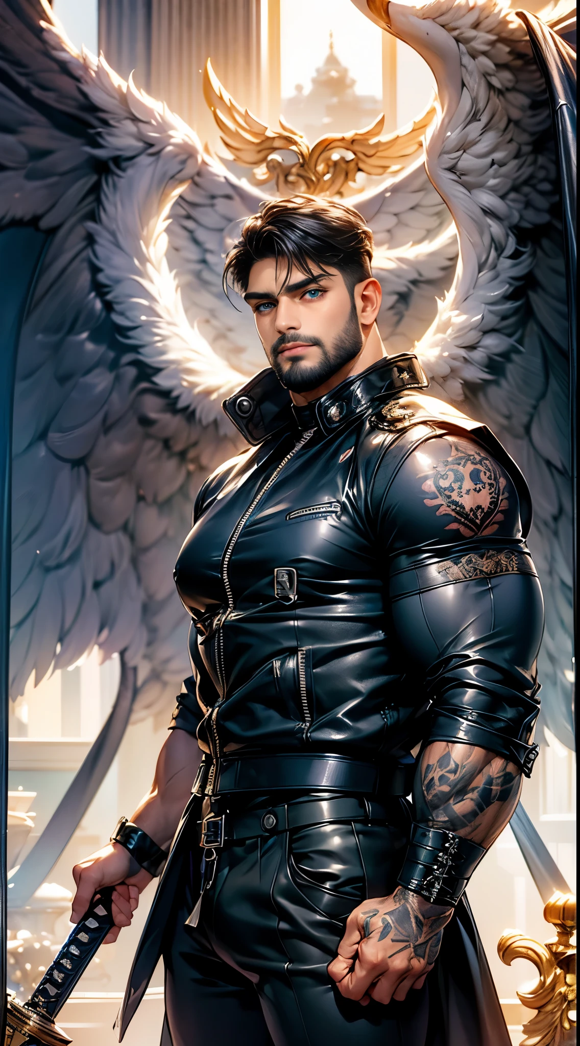 Daegan Tronos LoRa(1), no more characters, handsome, muscle, detailed face, wings of angel(symmetrical style), blue eyes(iris color), small beard, medium haircut, leather jacket, katana, tattooed arms, champion stance(body), visual harmony, epic wallpaper.