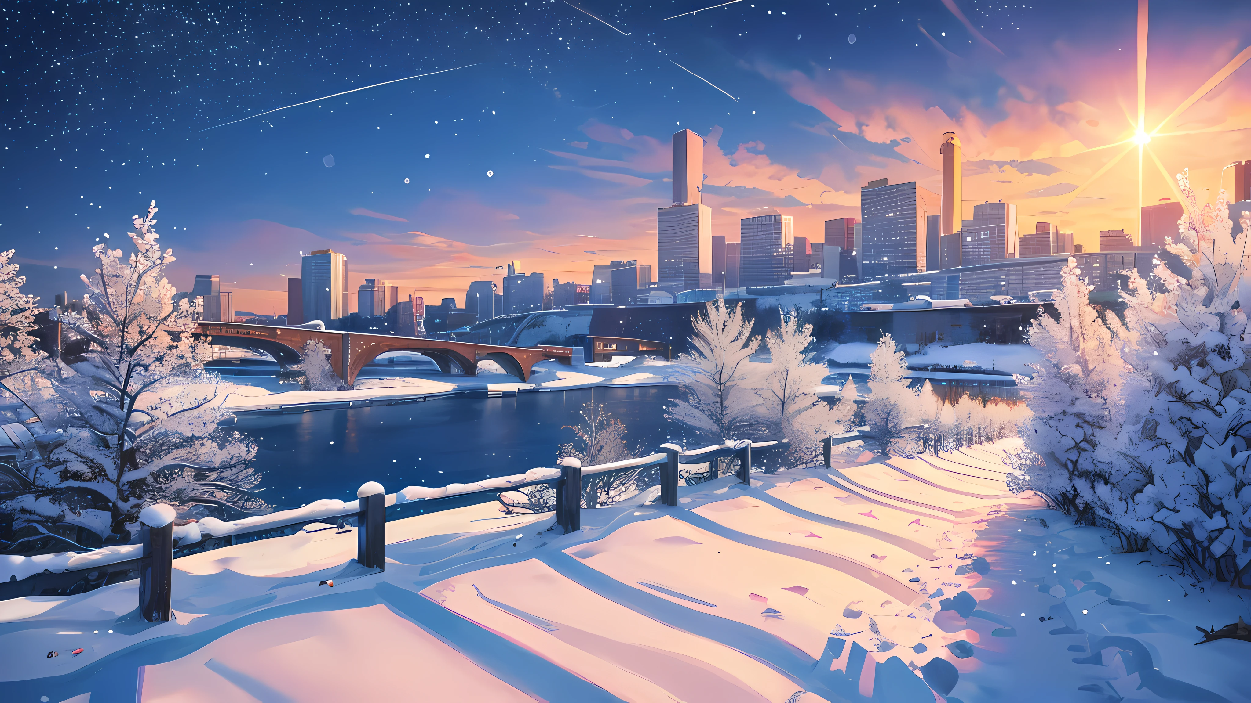landscape , City , snow , winter , tree , Sky , Sky中流星 , sun , breeze