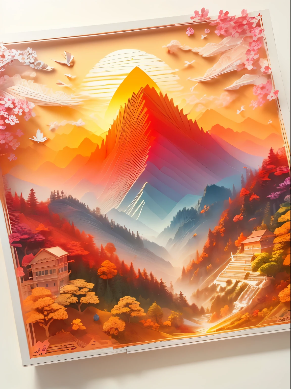 (((masterpiece))),best quality, illustration, Sunset, Vibrant color scheme, soft light,(warm color:1.2),watercolor, Light background, best quality exquisite details,3d rendering,octane rendering, soft, Paper_cut.