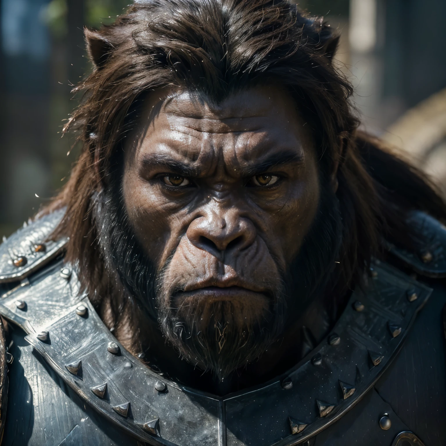 (best quality,4k,8k,highres,masterpiece:1.2),ultra-detailed,(realistic,photorealistic,photo-realistic:1.37), handsome gorilla sword general, final fantasy style armor, detailed facial features, fierce expression, muscular build, sharp sword, shiny armor, intricate design, battle-ready, majestic stance, epic background, vibrant colors, dynamic lighting.