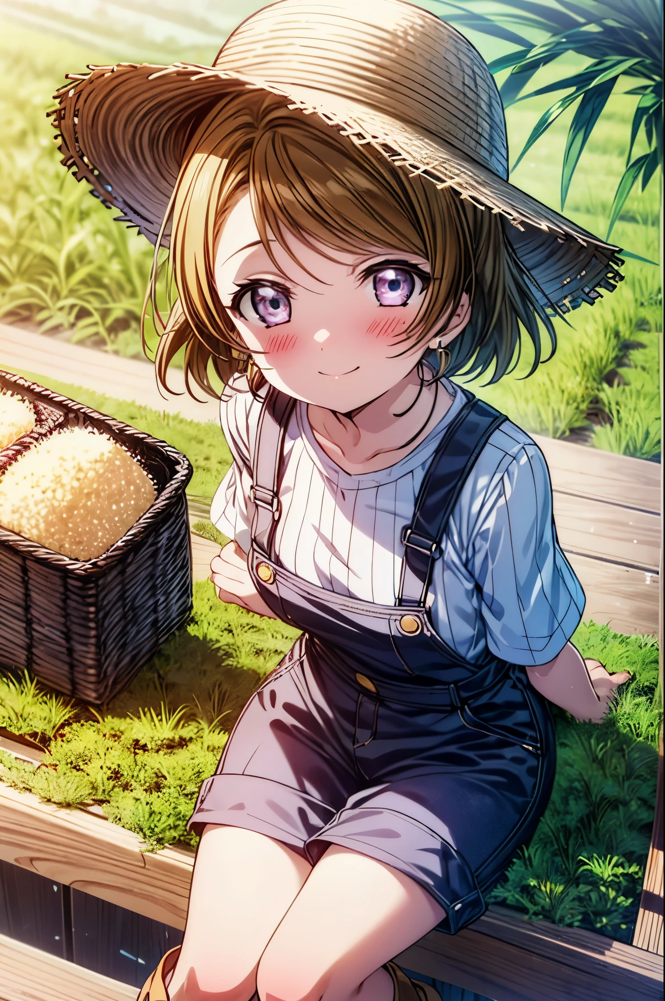 (((pixel perfect, Perfect in every detail))), alone, 1 girl, Hanayo Koizumi, brown hair,short hair,purple eyes,looking at the viewer, smile,straw hat,concealment of work　overalls,rice planting boots,Paddy field,Rice cultivation,Sunny,countryside,(masterpiece:1.2), highest quality, High resolution, unity 8k wallpaper, (shape:0.8), (beautiful and detailed eyes:1.6), highly detailed face, perfect lighting, Very detailed CG, (perfect hands, perfect anatomy),