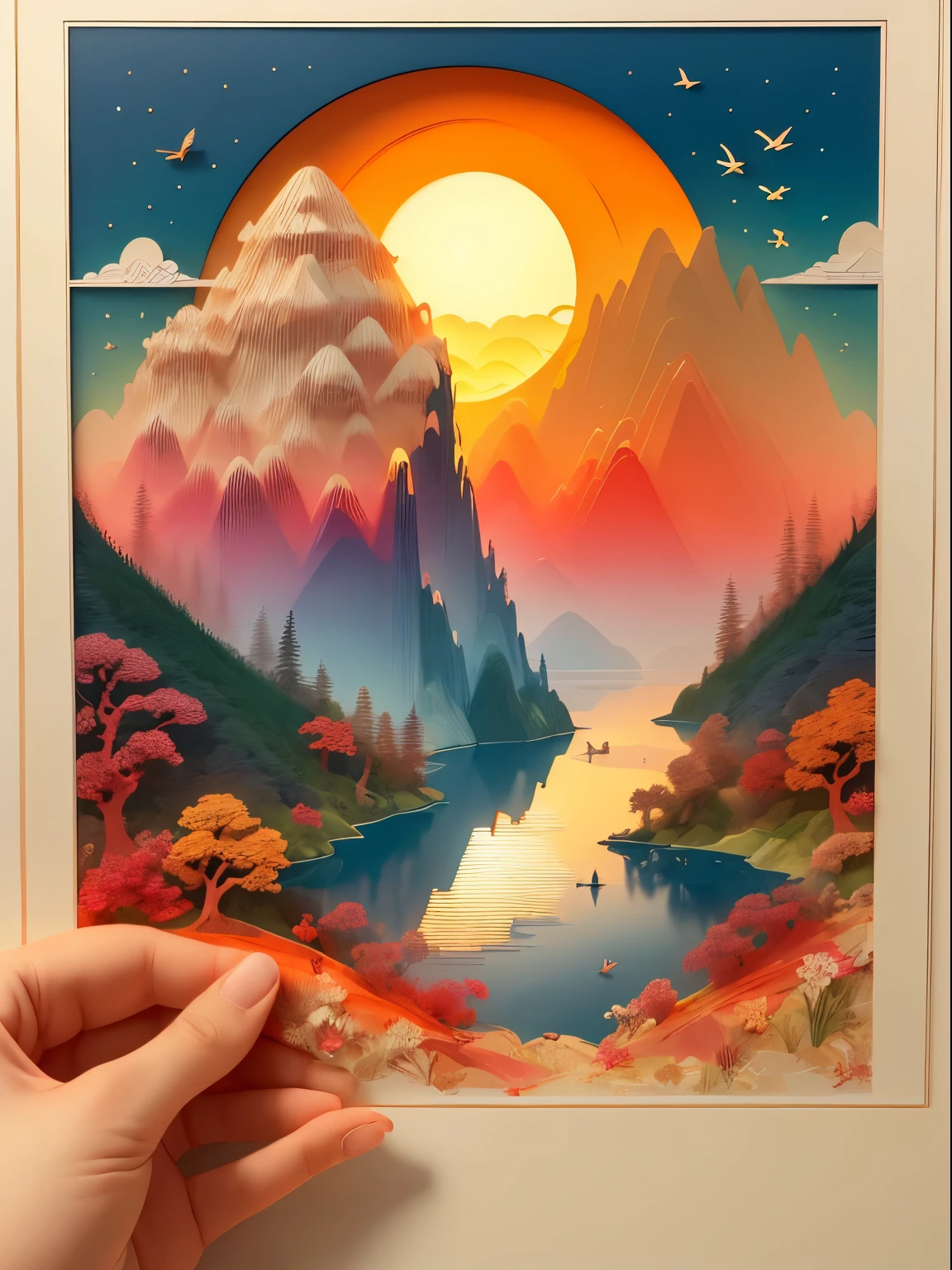 (((masterpiece))),best quality, illustration,Paper浮雕, Sunset, Vibrant color scheme, soft light,(warm color:1.2),watercolor, Light background, best quality exquisite details,3d rendering,octane rendering, soft, Paper_cut.