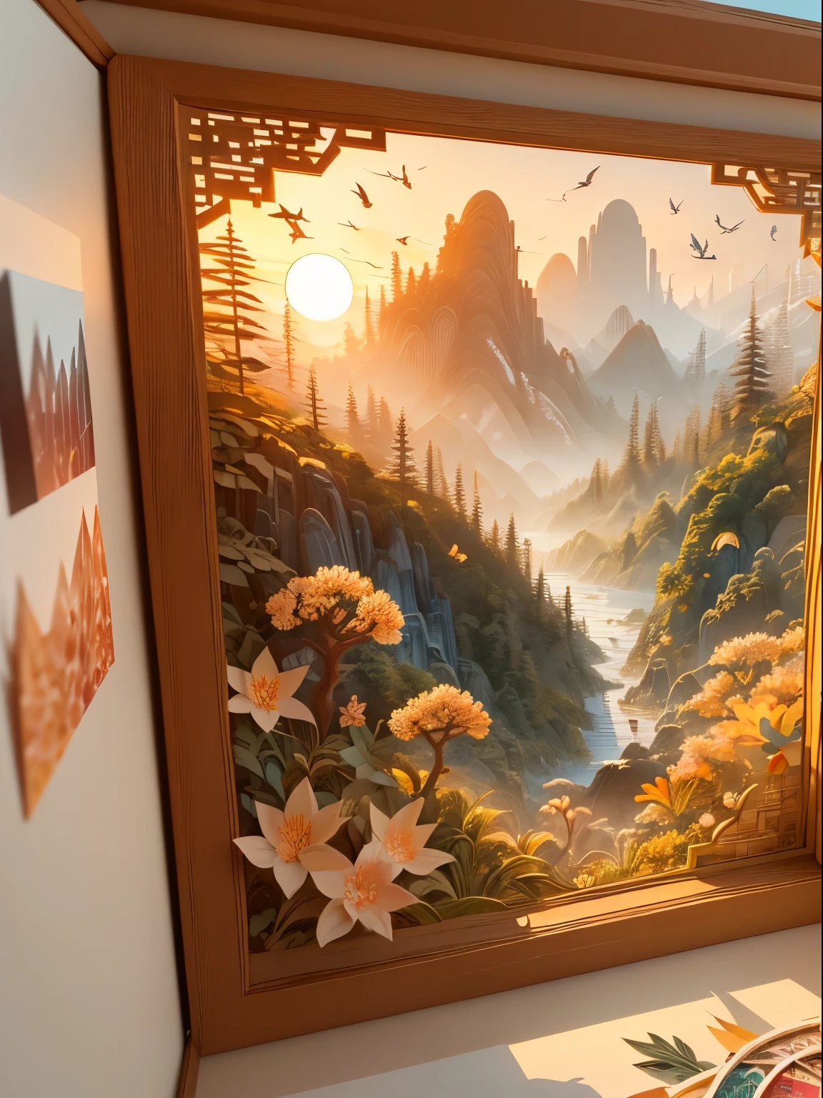 (((masterpiece))),best quality, illustration,Paper浮雕, Sunset, Vibrant color scheme, soft light,(warm color:1.2),watercolor, Light background, best quality exquisite details,3d rendering,octane rendering, soft, Paper_cut.