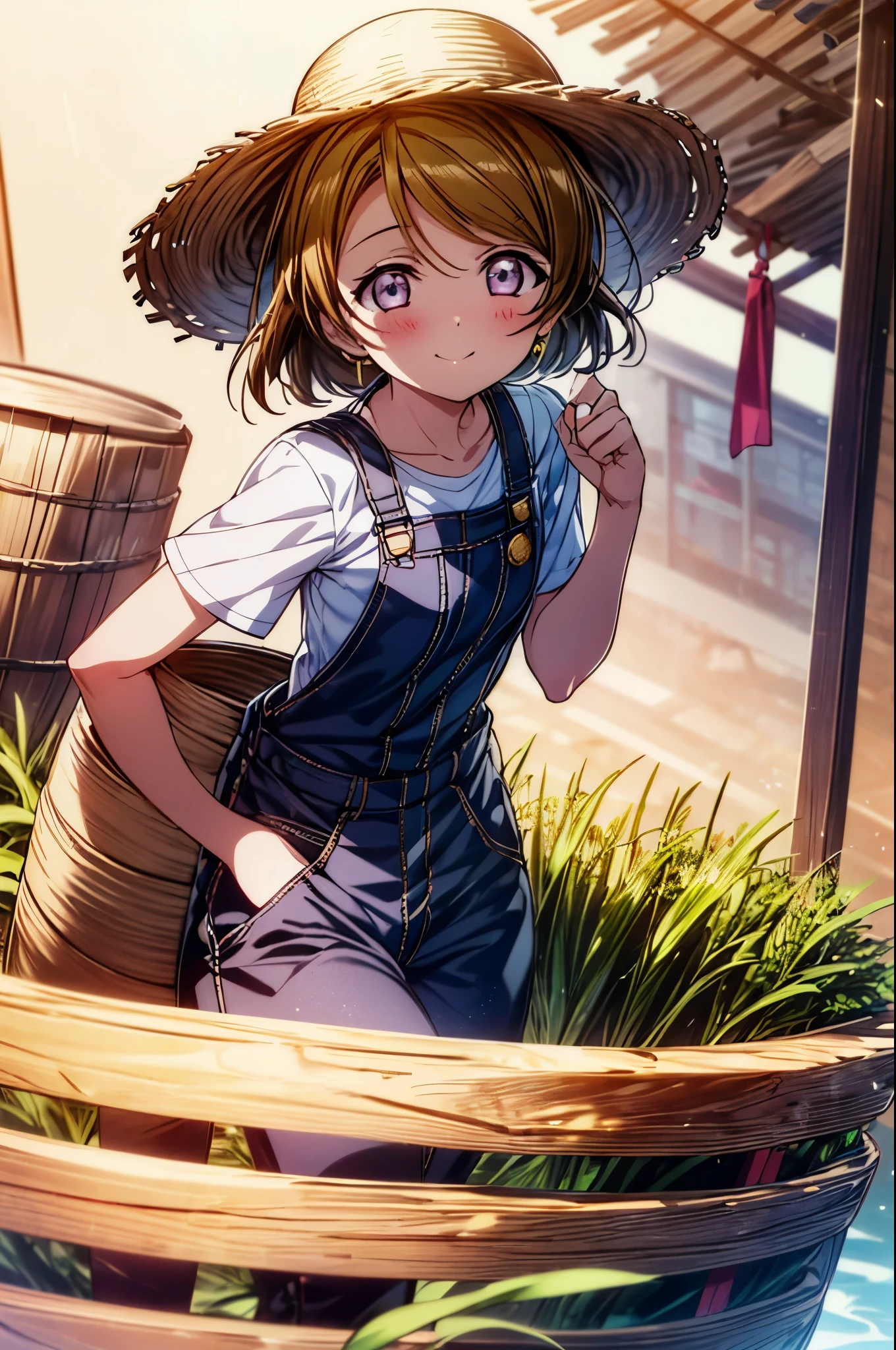 (((pixel perfect, Perfect in every detail))), alone, 1 girl, Hanayo Koizumi, brown hair,short hair,purple eyes,looking at the viewer, smile,straw hat,concealment of work　overalls,rice planting boots,Paddy field,Rice cultivation,Sunny,countryside,(masterpiece:1.2), highest quality, High resolution, unity 8k wallpaper, (shape:0.8), (beautiful and detailed eyes:1.6), highly detailed face, perfect lighting, Very detailed CG, (perfect hands, perfect anatomy),