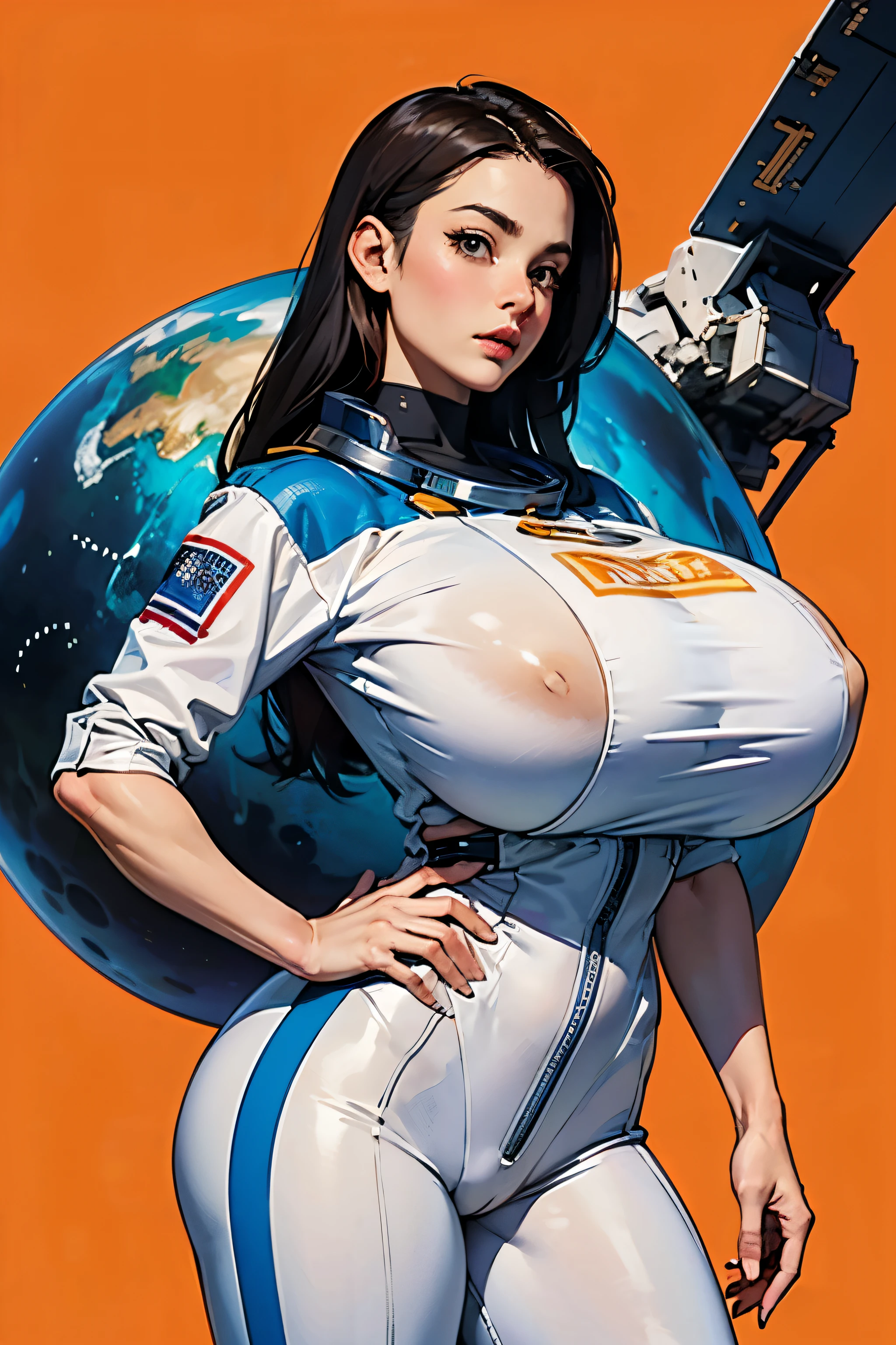 arafed image of a woman in a futuristic suit with a spaceship in the background, (busty, huge heavy and sagging breast, are so massive shirt keeps busting), movie art, in front of an orange background, inspired by Robert McGinnis, female protagonist, megastructure in the background, portrait of an ai astronaut, astronauts, an astronaut, portrait of a astronaut skeletor, perfect android girl, frank franzzeta and sakimichan