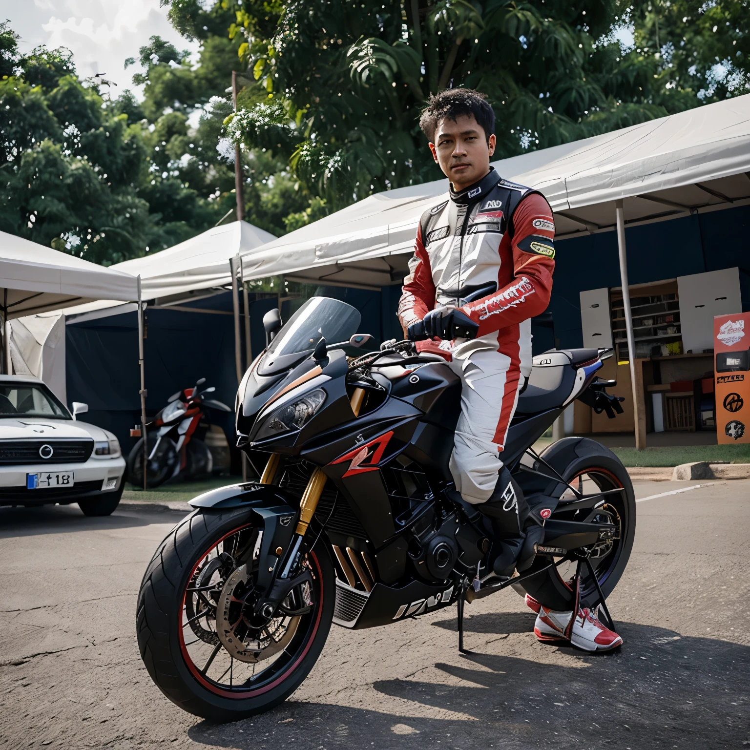 Gambar cowok dengan huruf Z cewek dengan huruf T anak kecil 5tahun dengan huruf R pemandangan danau di pagi hari dengan motor sport