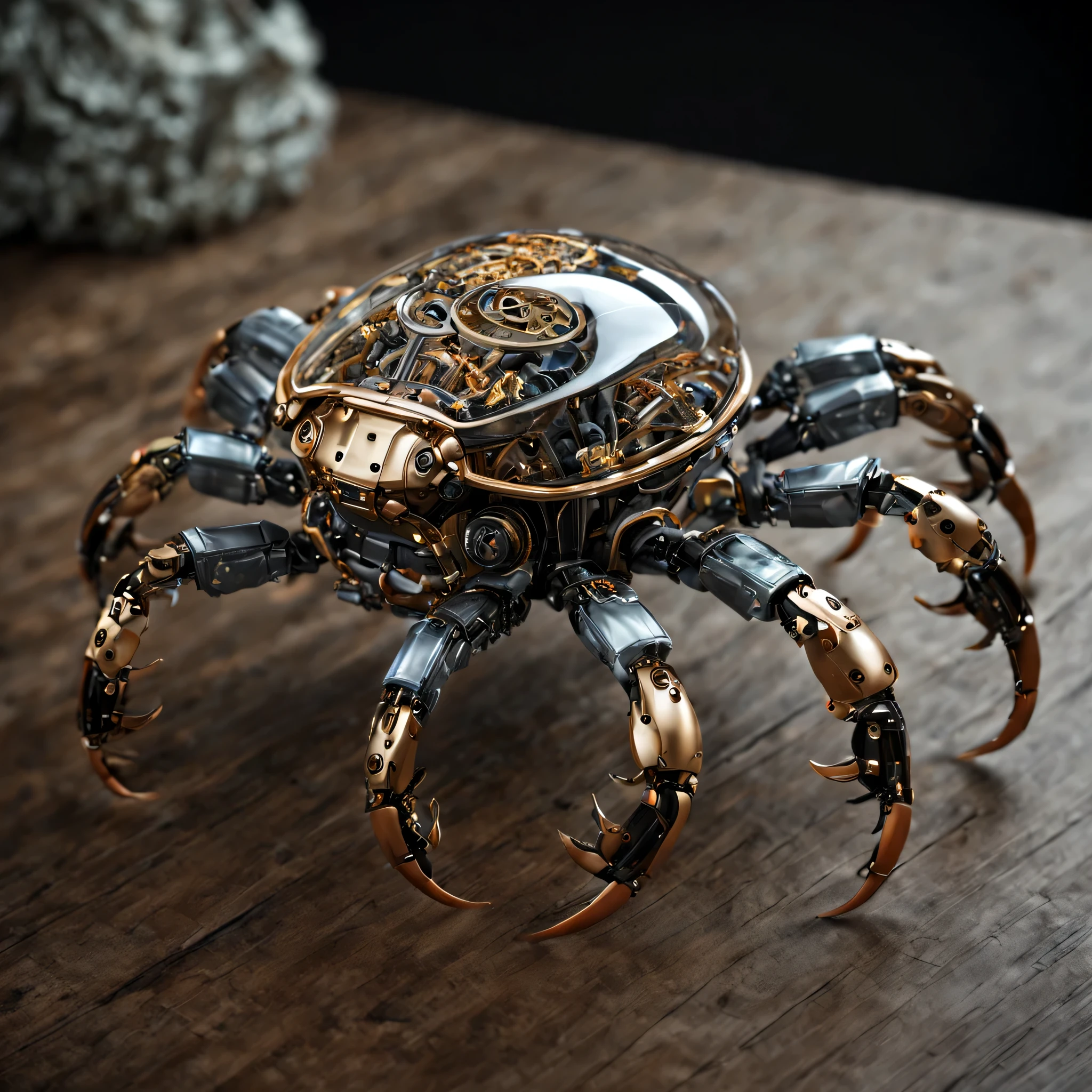 Detailed and realistic artwork,Depicts a cute and sophisticated biomechanical style robot crab. every detail, From complex transparent casings to sophisticated internal mechanical components, Captured with superb precision. Textures are very realistic,You can almost feel the smooth surface of its carapace,Intricate patterns on joints. Lighting is carefully designed,Enhanced visual effects