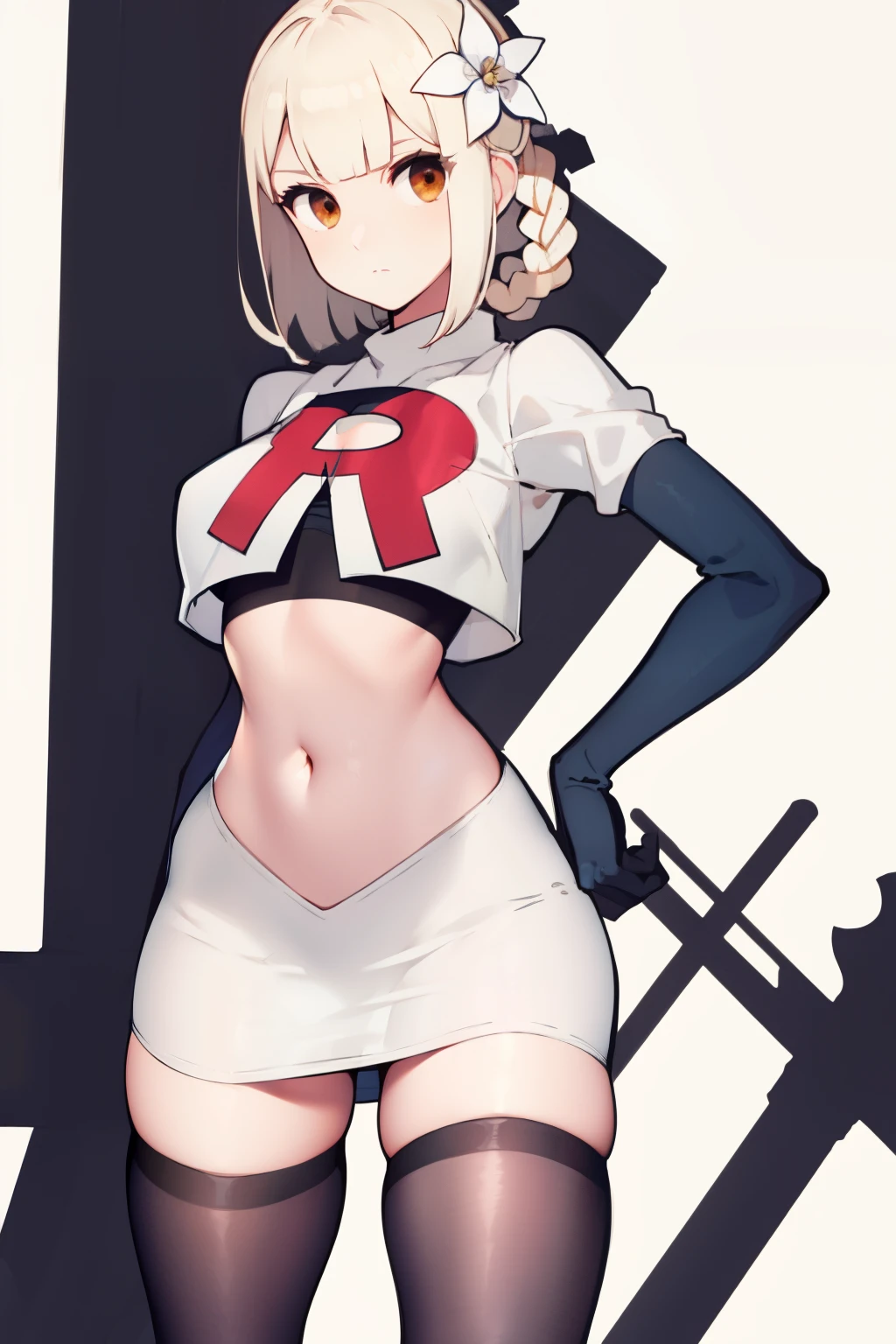 kaine \(nier\), 1girl, bandages, bangs, blonde hair, blunt bangs, braid, brown eyes,  hair flower, hair ornament, nier \(series\), short hair, single braid, solo, white background, white flower, white hair, expressionless, medium breasts, team rocket,team rocket uniform, red letter R, white skirt,white crop top,black thigh-highs,black elbow gloves