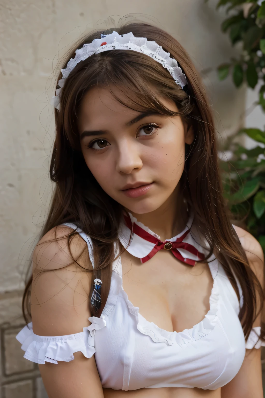 Hyper realistic, Beautiful Latin girl dressed as ta, school girl, hazel eyes, Brunet. 
