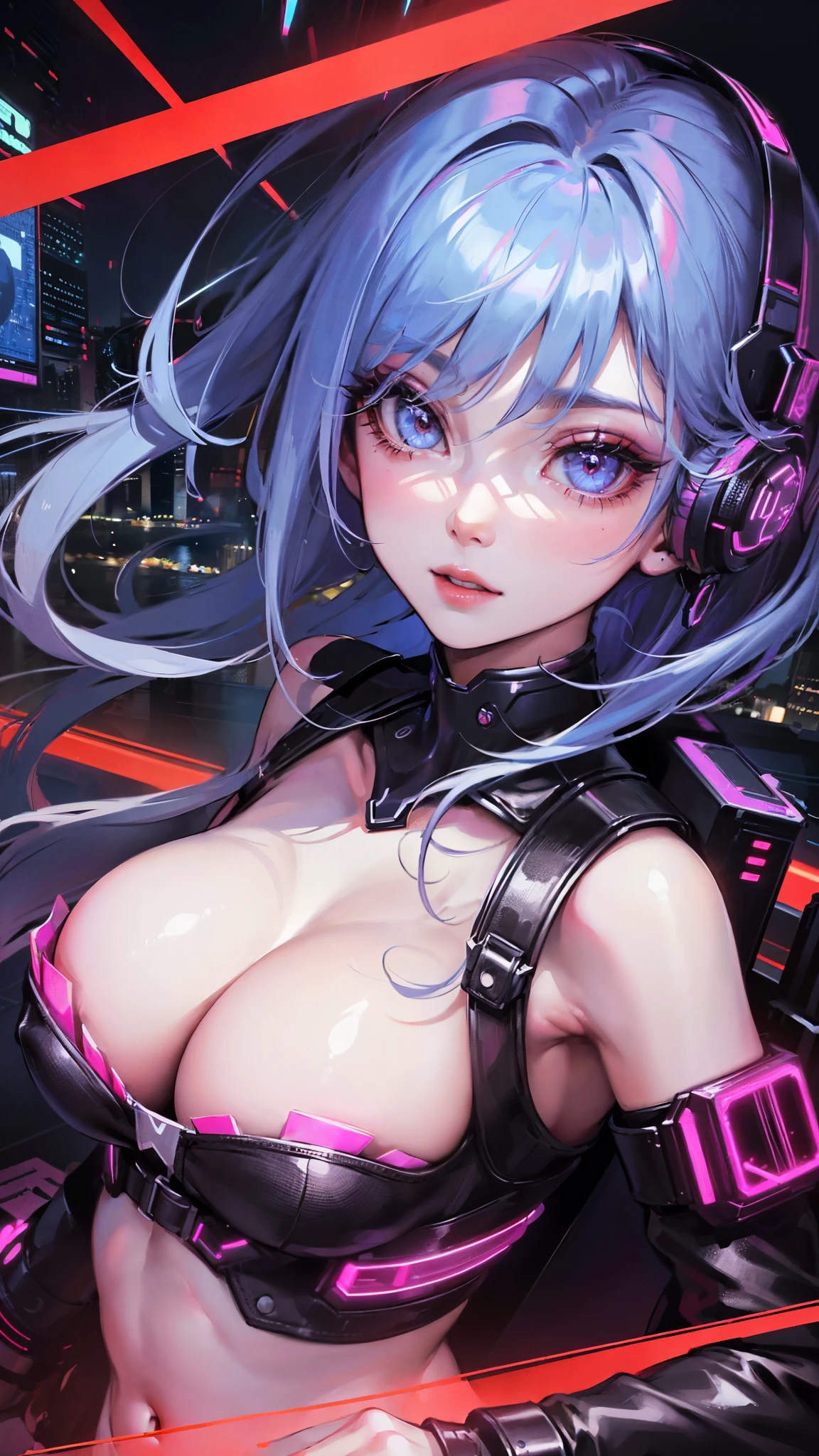 Jinx, Fleshy thighs, Instagram pose,Show armpits, Dynamic angle, Nipples, Simetall, C cup, Happy expression, (entire body image:1.5), ((8K, Best quality, A high resolution:1.35)), (RAW photo:1.2), (Photorealsitic:1.37), (Masterpiece: 1.25), perspired: 0.2, Dramatic lighting, photon maping, Radio City, symmetry, Complexity, Elegance, ((1 girl)), Large of breast, (Long eyelashes), detailed eyelashes, eye shadows, glowing eyes, Natural makeup, Clear facial features, curvy build, (Exposed cleavage), (Showing stomach), (Fine detailed beautiful eyes: 1.2), Bad girl, Erotic, (((Cyberpunk background, Night City, Night)))
