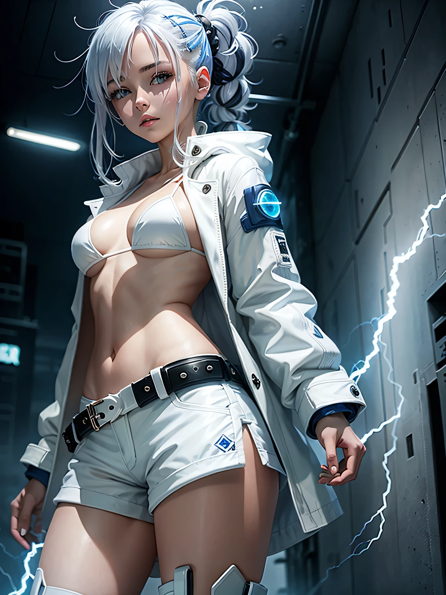 Indigo hair girl，white coat，white bikini，white shorts，boots，close up，lightning，Fantasy cyberpunk