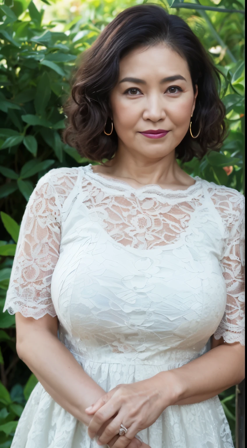 ((best quality, 8k, masterpiece, portrait: 1.3)), (View audience), photorealism, sharp focus, alone, japanese milf, beauty,curls, Wrinkles at the corners of the eyes, emphasize, ((big breasts:1.3))),,30 years old, curls, (lace dress, stand up:1.2)