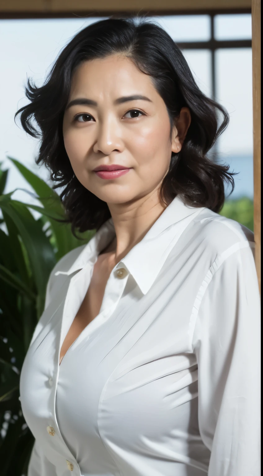 ((best quality, 8k, masterpiece, portrait: 1.3)), (View audience), photorealism, sharp focus, alone, japanese milf, beauty,curls, Wrinkles at the corners of the eyes, emphasize, ((big breasts:1.3))),,30 years old, curls, (Gray business attire,white shirt,stand up:1.3)
