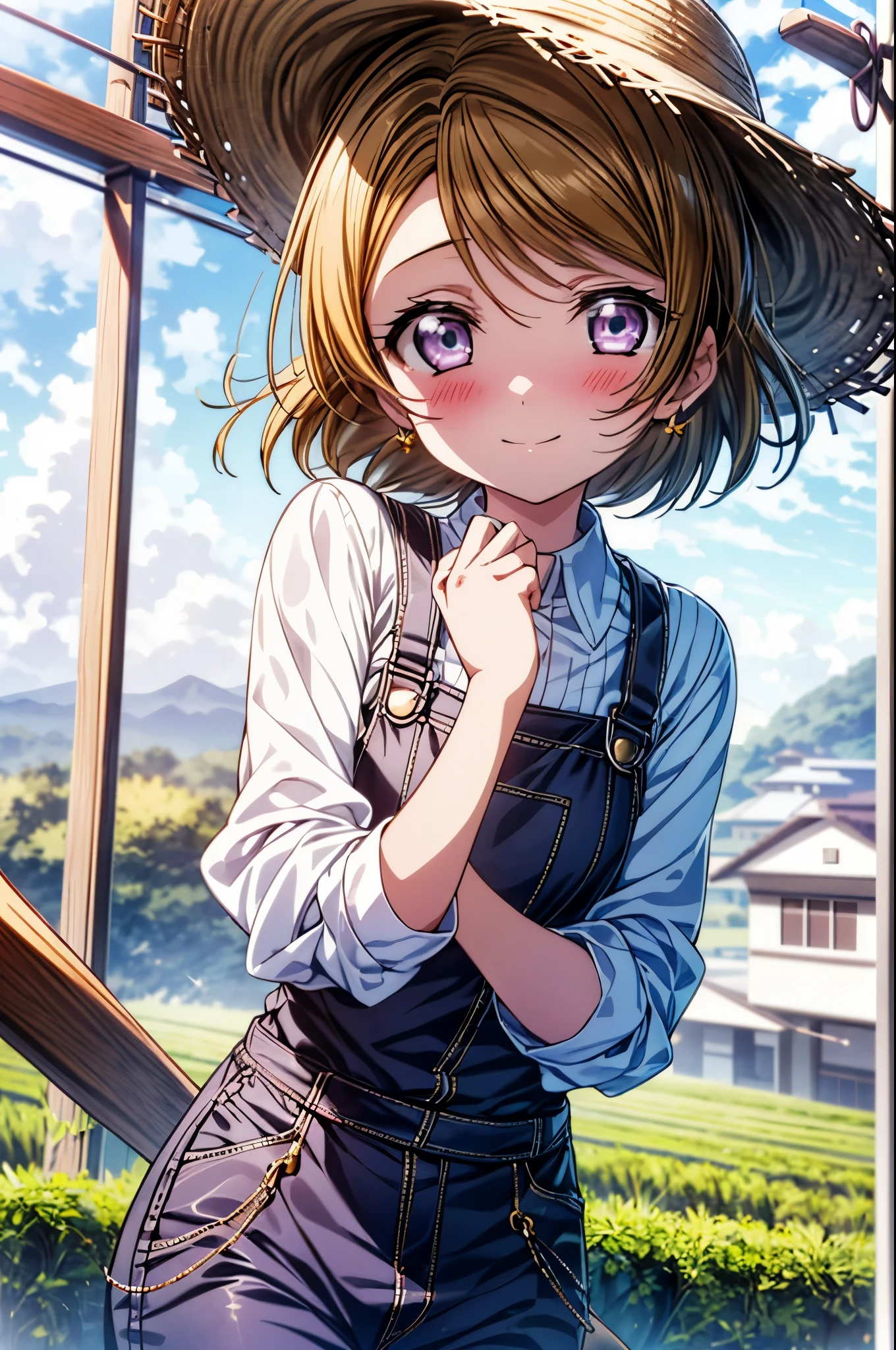 (((pixel perfect, Perfect in every detail))), alone, 1 girl, Hanayo Koizumi, brown hair,short hair,purple ruby eyes,looking at the viewer, smile,straw hat,concealment of work　overalls,rice planting boots,Paddy field,Rice cultivation,Sunny,countryside,(masterpiece:1.2), highest quality, High resolution, unity 8k wallpaper, (shape:0.8), (beautiful and detailed eyes:1.6), highly detailed face, perfect lighting, Very detailed CG, (perfect hands, perfect anatomy),