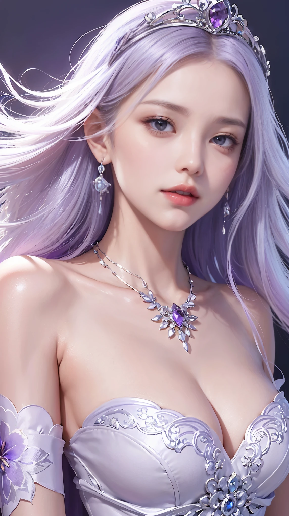 highest quality，realistic，1 girl，Upper body，long hair，white hair，skin texture、(Dresses with elaborate designs_violet color, gorgeous jewelry, tiara:1.2)、milestone celebration，white background、pink coat，