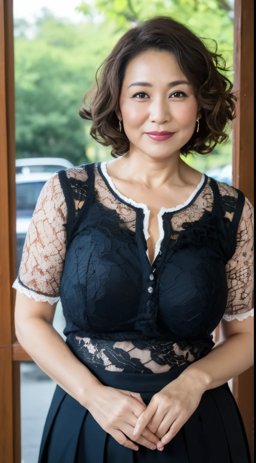 ((Best quality, 8K, Masterpiece, Portrait: 1.3)), (View viewers), Photorealism, Sharp focus, Solo, The Moro Islamic Liberation Front of Japan, Beauty,Wavy hair, Wrinkles at the corners of the eyes, to emphasize, ((Big breasts:1.3))),，30 years old, curlies, (Lace dress, standing on your feet:1.2)