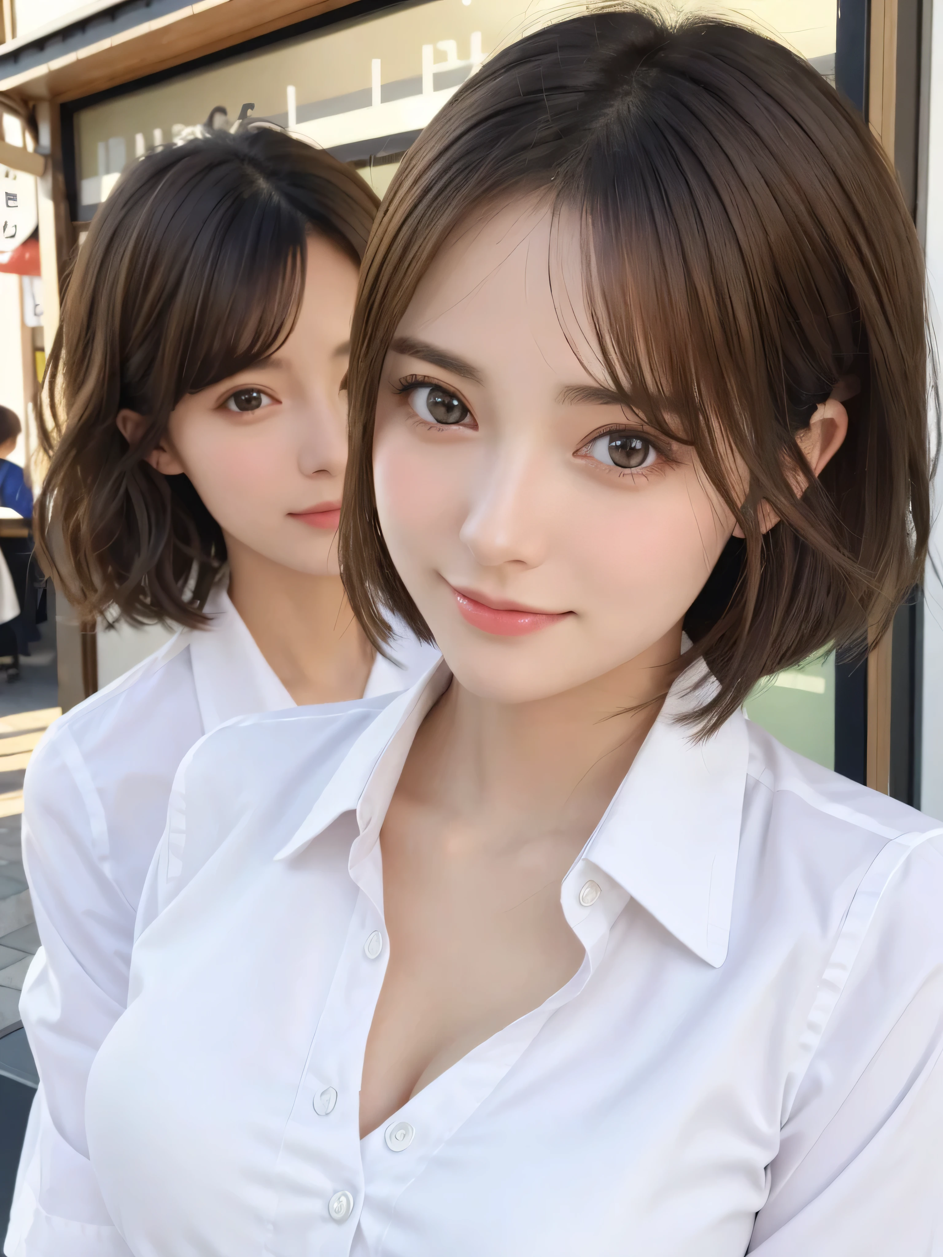 Photorealsitic、masuter piece、top-quality、hight resolution、Raw photo、realisitic、Bright lighting、face lights、Smooth professional lighting、Women in Japan、 Lady、Beautuful Women、modeled、gravure、A sexy、Super beautiful、realisitic and beautiful skin、Beautiful and detailed eyes、A detailed face、slim、medium large breasts、short medium hair、brunette color hair、eyes are brown、Cafe clerk uniform、Waitress Uniform
