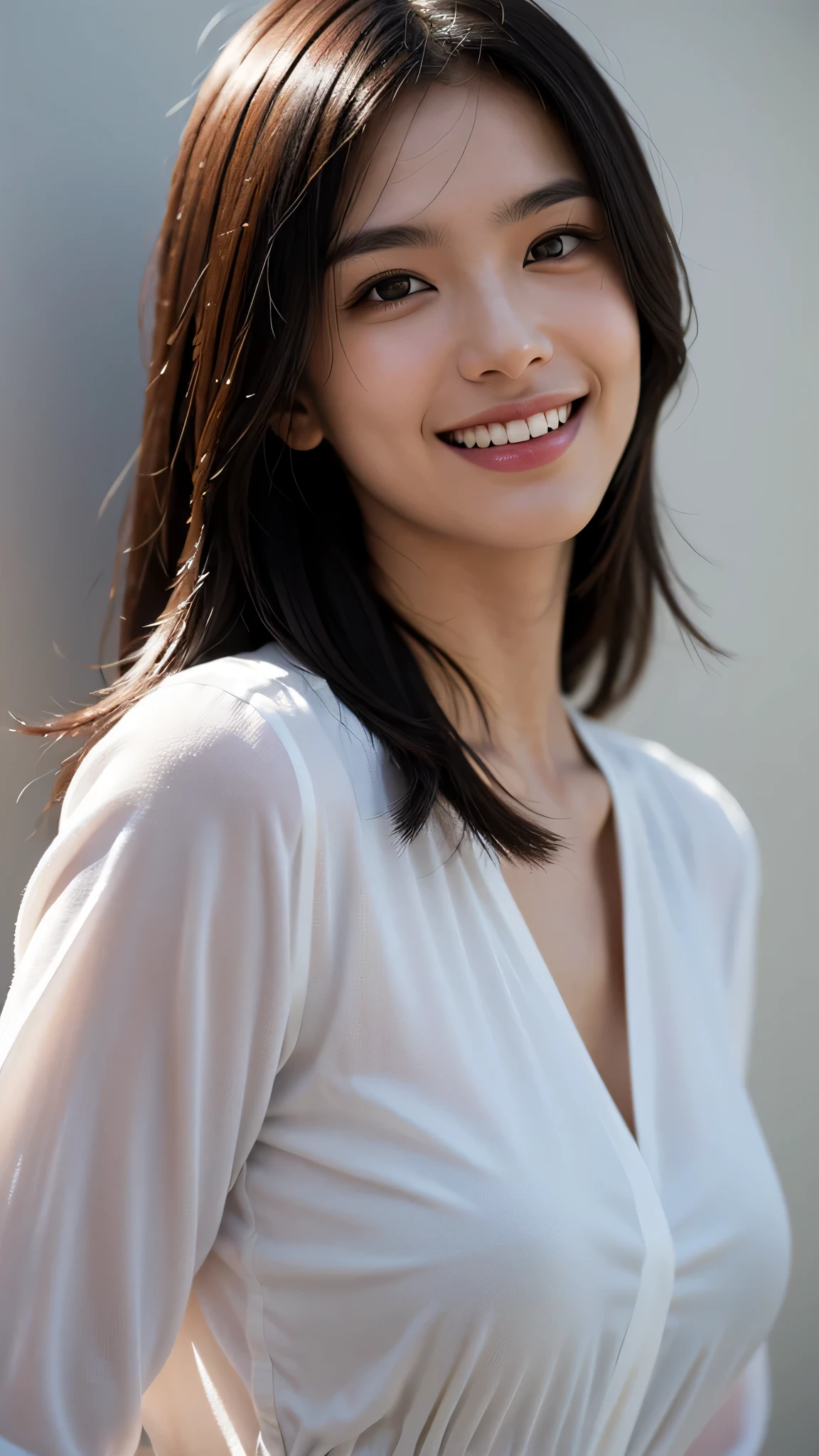 dressed, (photo realistic:1.4), (hyper realistic:1.4), (realistic:1.3), (smoother lighting:1.05), (Improve the quality of movie lighting:0.9), 32K, 1 girl,20 year old girl, realistic lighting, Backlight,background gray wall, light shines on your face, ray tracing, (bright light:1.2), (Improvement of quality:1.4), (Highest quality realistic textured skin:1.4), fine eyes, detailed face, high quality eyes, (tired, sleepy and satisfied:0.0), close up of face, smile,teeth visible,white blouse