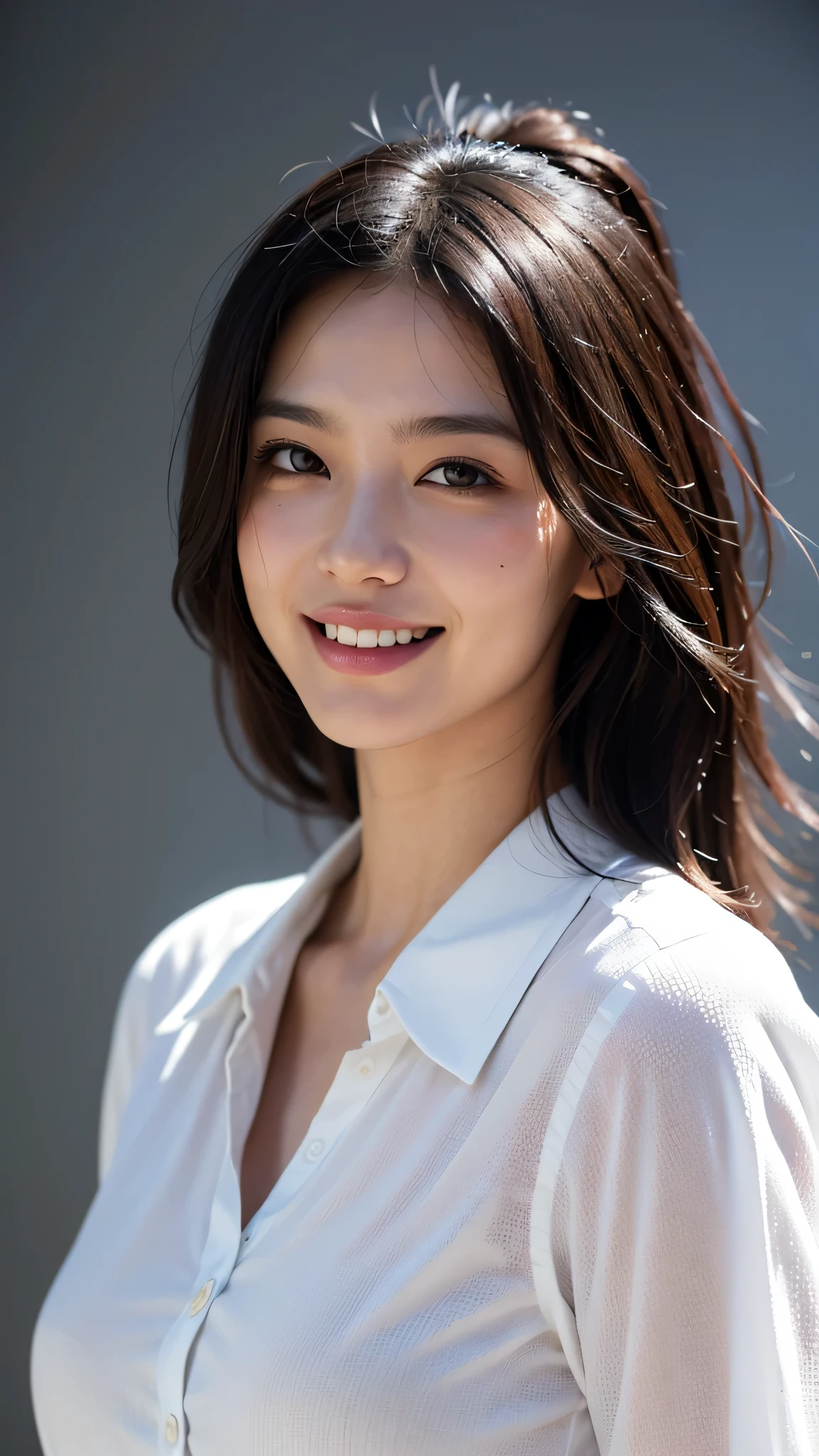 dressed, (photo realistic:1.4), (hyper realistic:1.4), (realistic:1.3), (smoother lighting:1.05), (Improve the quality of movie lighting:0.9), 32K, 1 girl,20 year old girl, realistic lighting, Backlight,background gray wall, light shines on your face, ray tracing, (bright light:1.2), (Improvement of quality:1.4), (Highest quality realistic textured skin:1.4), fine eyes, detailed face, high quality eyes, (tired, sleepy and satisfied:0.0), close up of face, smile,teeth visible,white blouse