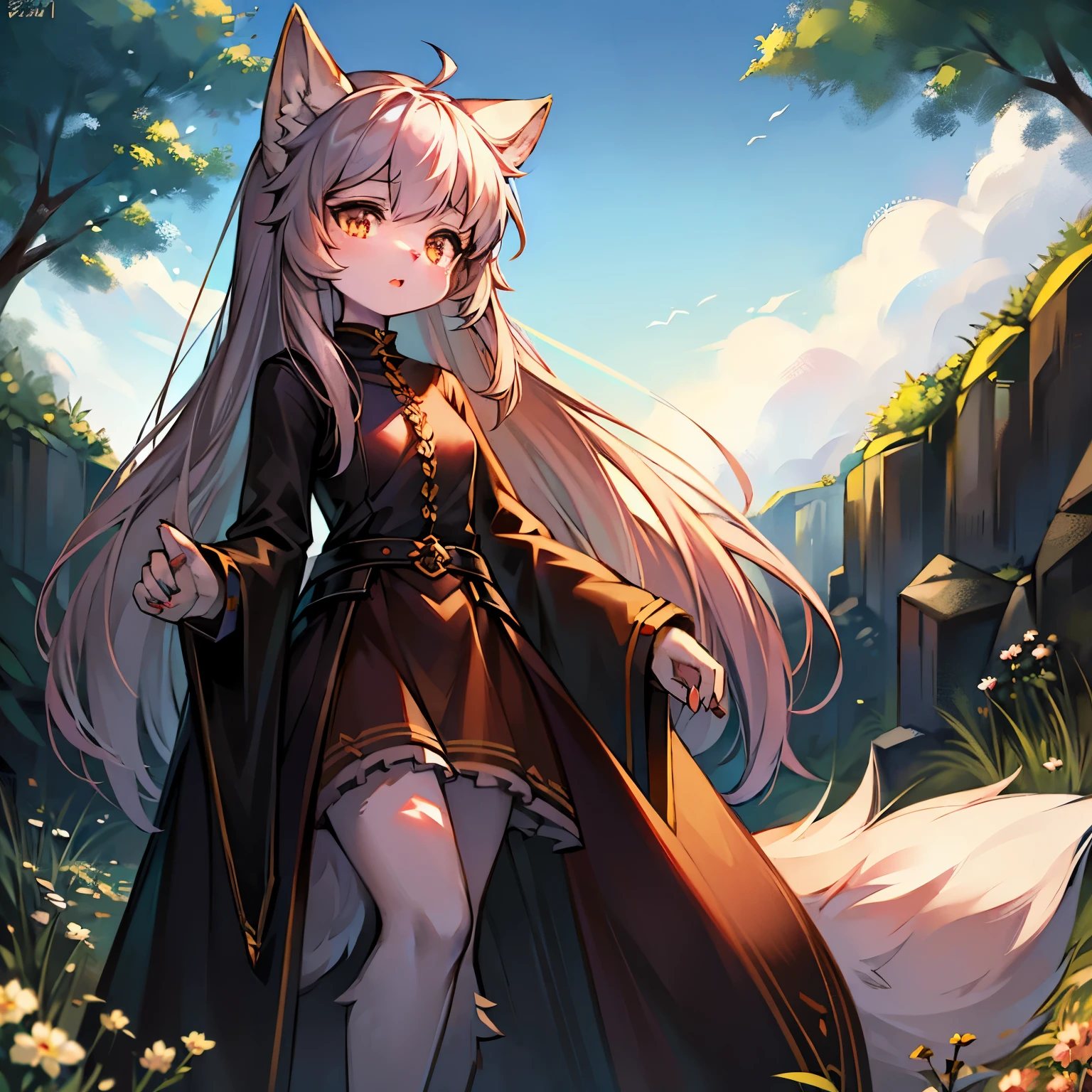 22 year old Fox girl, white hair, long tail, beautiful, blue eyes running though a field with a cottage in the background, facing away from the camera,  or small frame, looking in aww of the country side in front of her, wagging tail, bright, high quality, facing away, wide shot