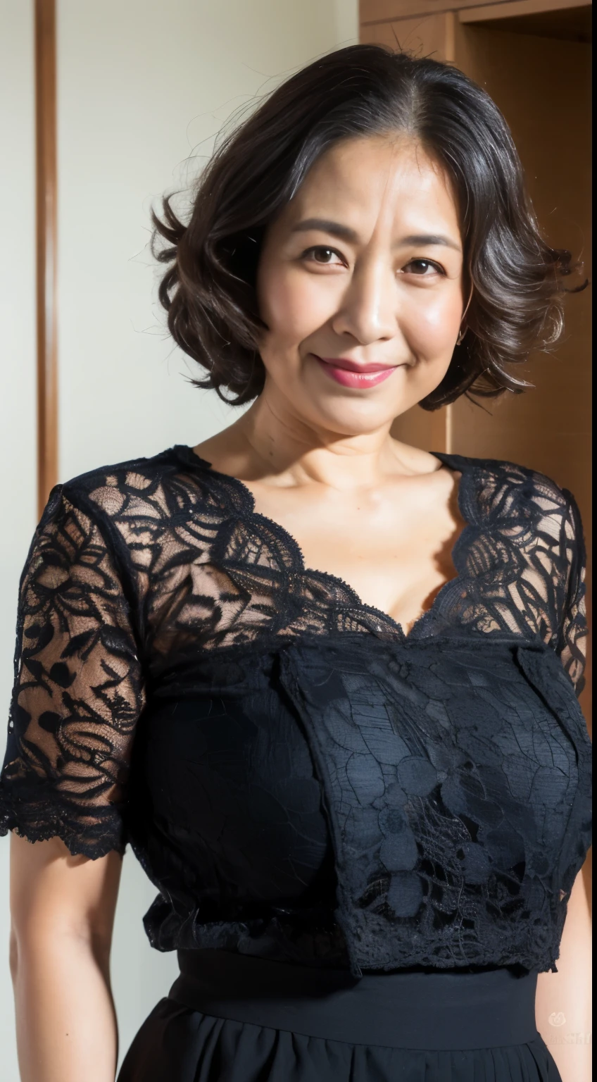 ((best quality, 8k, masterpiece, portrait: 1.3)), (View audience), photorealism, sharp focus, alone, japanese milf, beauty,curls, Wrinkles at the corners of the eyes, emphasize, ((big breasts:1.3))),,30 years old, curls, ((pencil skirt:1.0), (manhattan lace shirt:1.0),stand up:1.3)