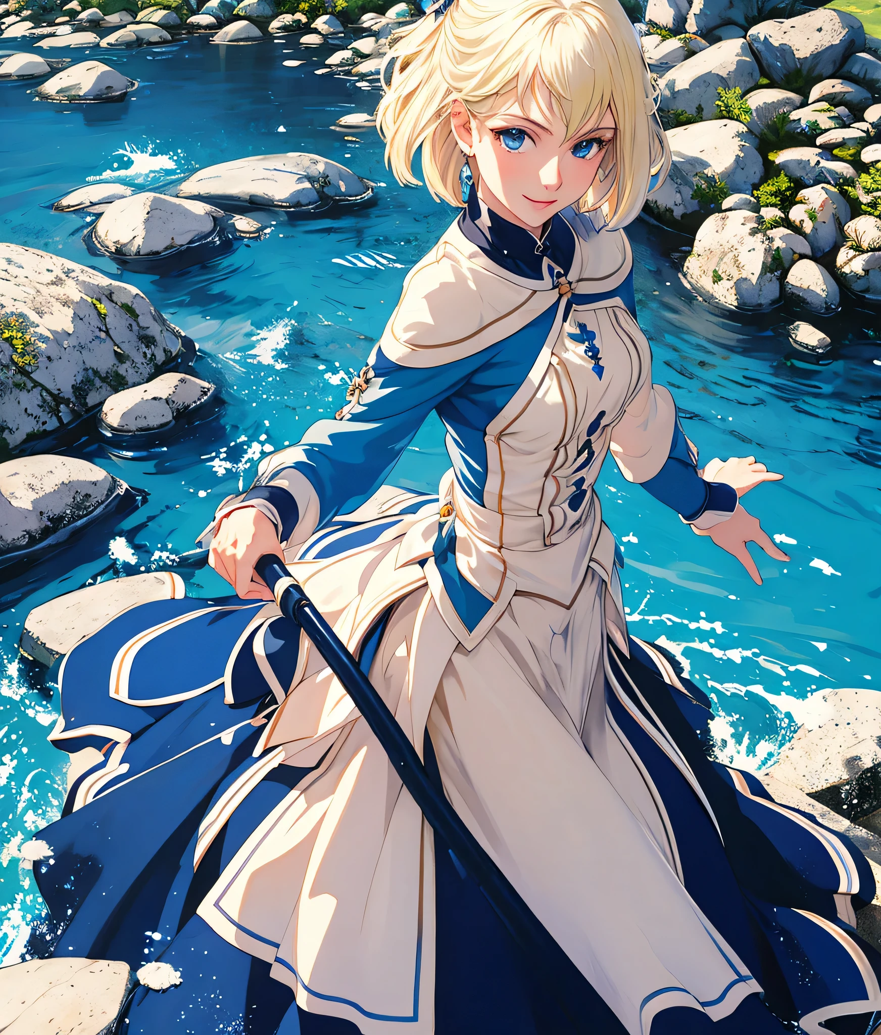 masterpiece, high res, detailed face, detailed eyes, anime screencap, 1 girl, solo, casting water magic, slender, short hair, white blonde hair, medium breasts, blue eyes, blue dress, serious, blue magic , outdoors, full body, cowboy shot, smiling