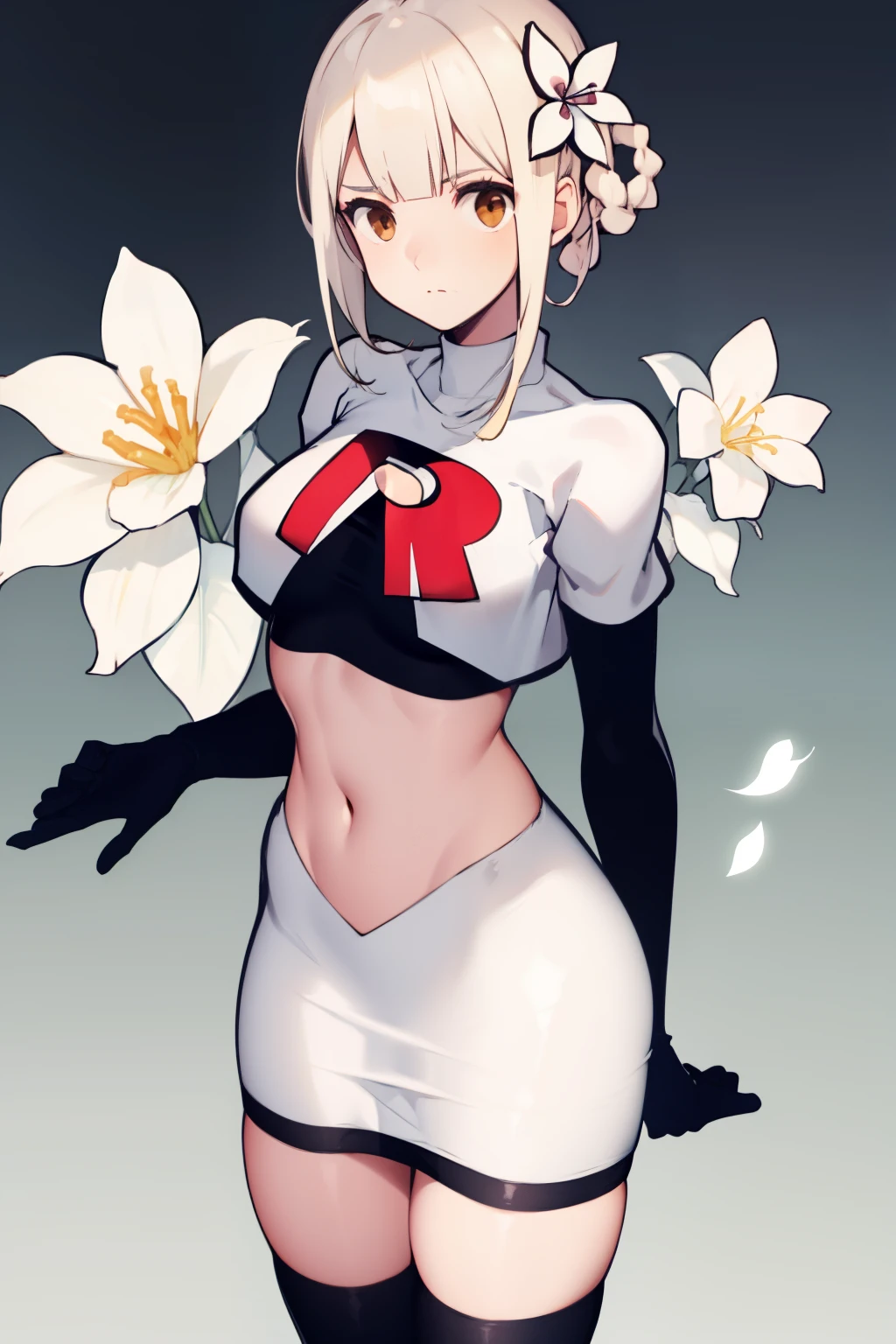 kaine \(nier\), 1girl, bandages, bangs, blonde hair, blunt bangs, braid, brown eyes,  hair flower, hair ornament, nier \(series\), short hair, single braid, solo, white background, white flower, white hair, expressionless, medium breasts, team rocket,team rocket uniform, red letter R, white skirt,white crop top,black thigh-highs,black elbow gloves