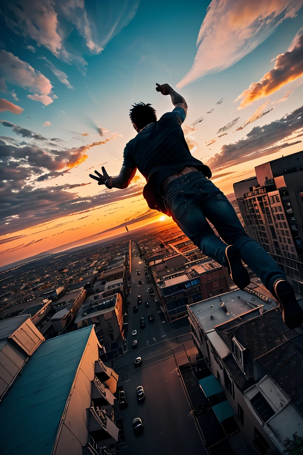 first-person view you can see the two hands with revolvers running of a man with tattoos on his arms jumping from a building to another blue glass roof and view of the sky with orange sunset clouds cinematic action jump