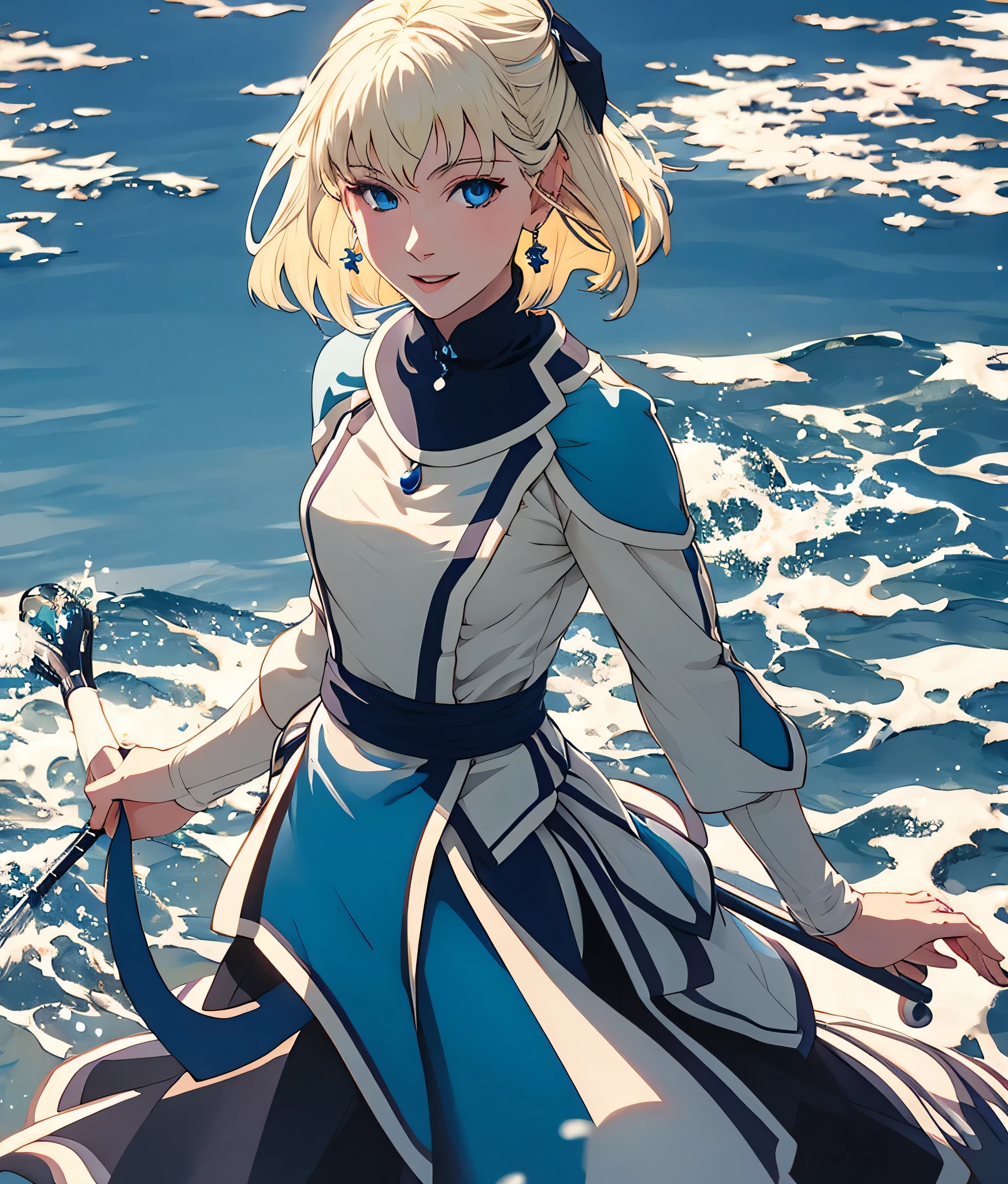 masterpiece, high res, detailed face, detailed eyes, anime screencap, 1 girl, solo, casting water magic, slender, short hair, white blonde hair, medium breasts, blue eyes, blue dress, serious, blue magic , outdoors, full body, cowboy shot, smiling