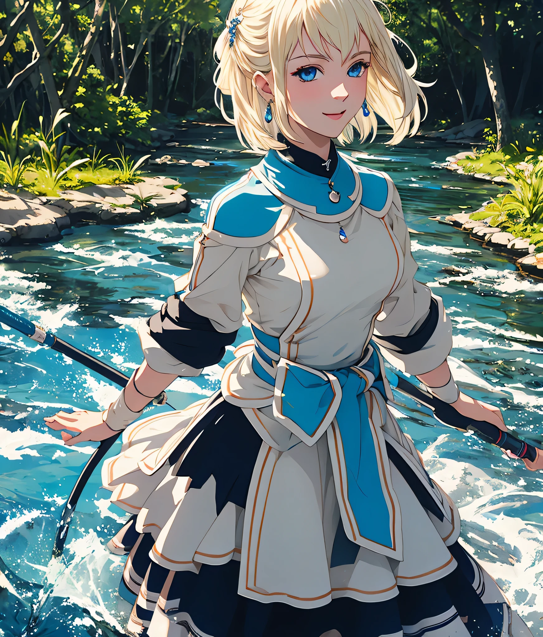 masterpiece, high res, detailed face, detailed eyes, anime screencap, 1 girl, solo, casting water magic, slender, short hair, white blonde hair, medium breasts, blue eyes, blue dress, serious, blue magic , outdoors, full body, cowboy shot, smiling