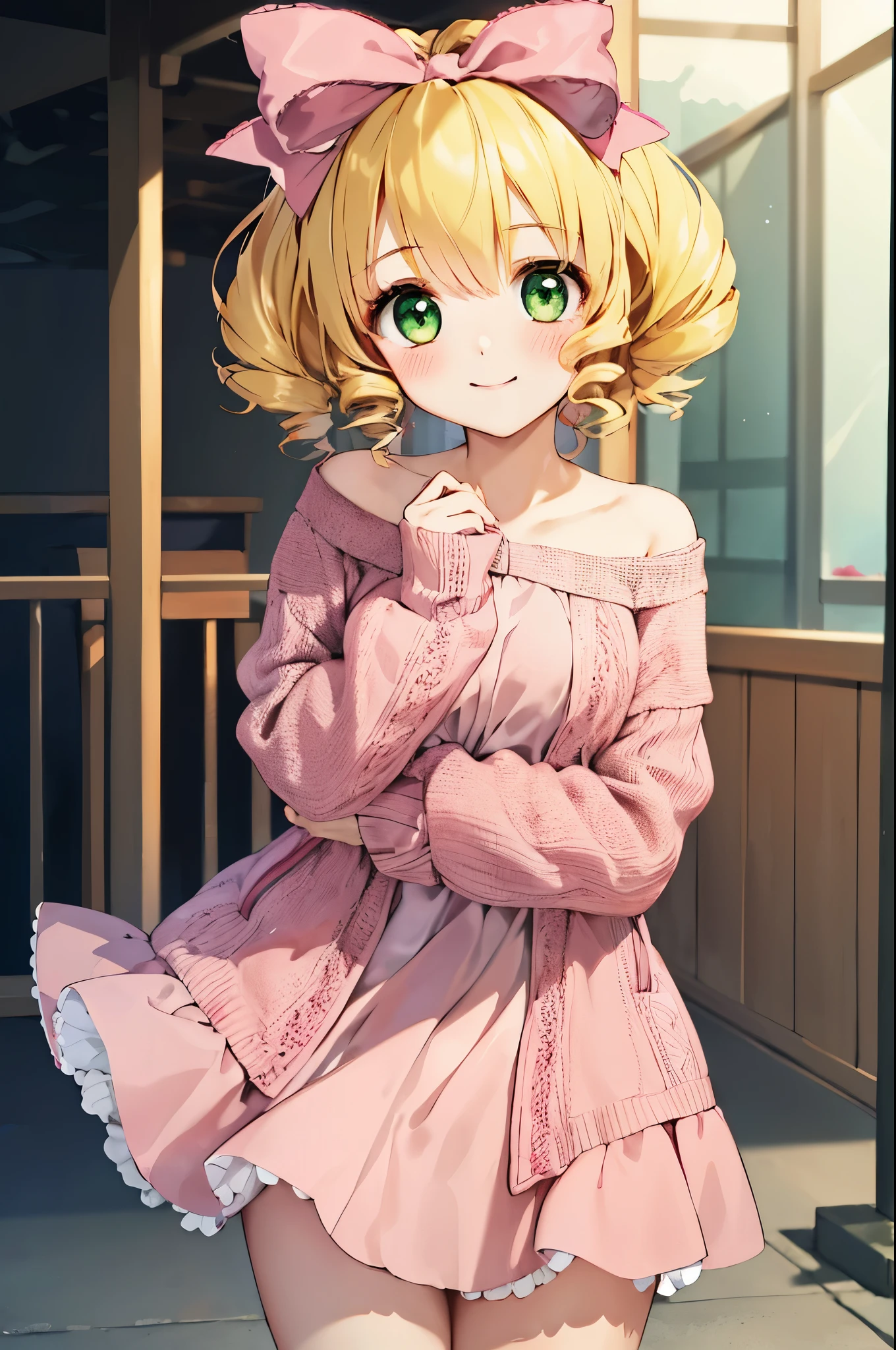 masterpiece, highest quality, 8k, ultra high resolution, highest quality, anime style, best writing, beautiful face,  bob cut、drill hair, room, blonde, (big pink ribbon:1.2), green eyes, masterpiece, highest quality, Hinaichigo, (oversized light pink sweater:1.3), white ruffle skirt、blush、smile, stand, In front of the station, In town, small breasts, (very small height:1.1)