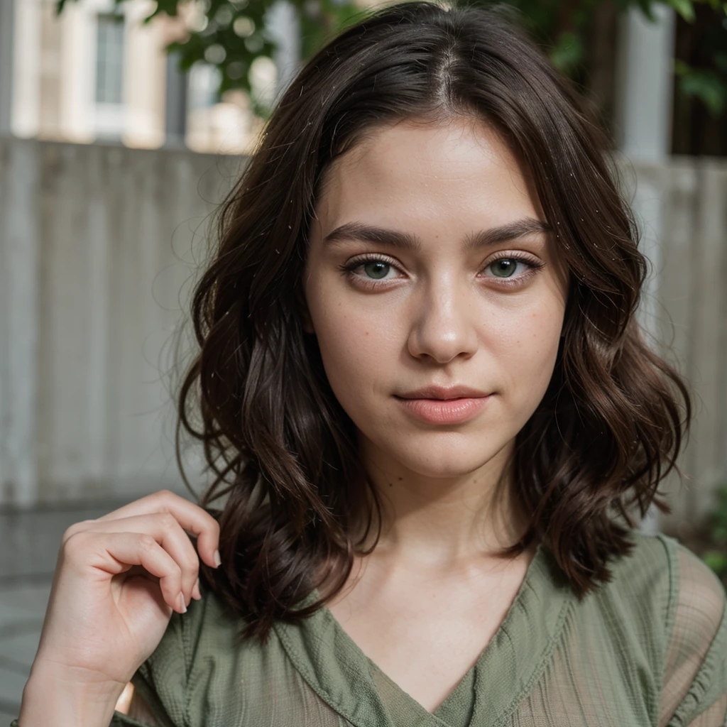 Cute beautiful sexy European light-green-eyed brunette, 23 years old, black mini dress, tiny waist, full body shot, hands on hips, innocent face, face-length 1.3 times the face-width, almond-shaped eyes, squared face-shape, high cheekbones, naturally wavy hair, light-green eyes, light makeup, high-res, masterpiece, best quality, intricate details, very detailed, sharp focus, detailed skin, realistic skin texture, texture, detailed eyes, professional, 4k, charming smile, shot with Canon, light depth of field, Kodak Vision color, perfectly fitting body, extremely detailed, photo_\( ultra\), photorealistic, realistic, post processing, maximum details, roughness, real life, ultrarealistic, photorealism, photography, 8k UHD, photography