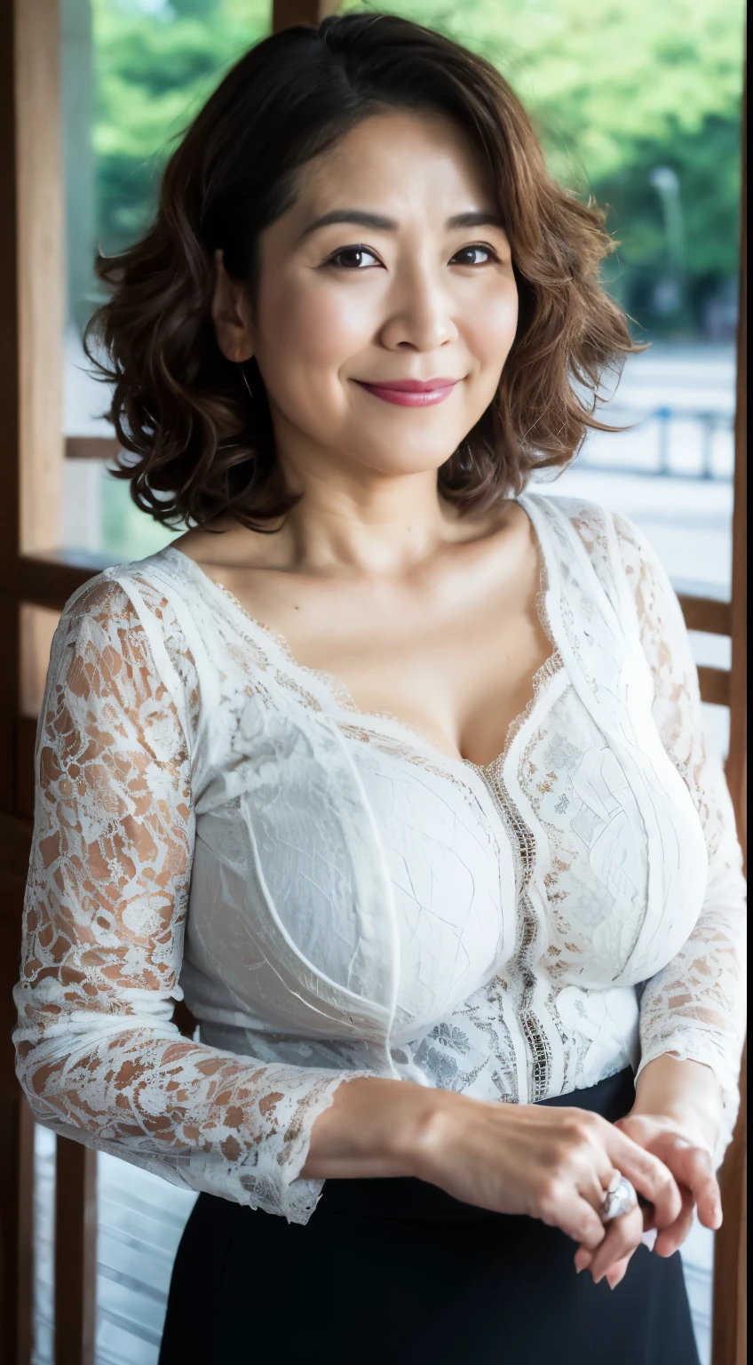 ((best quality, 8k, masterpiece, portrait: 1.3)), (View audience), photorealism, sharp focus, alone, japanese milf, beauty,curls, Wrinkles at the corners of the eyes, emphasize, ((big breasts:1.3))),，30 years old, curls, （(pencil skirt:1.0), (manhattan lace shirt:1.0)，stand up：1.3）