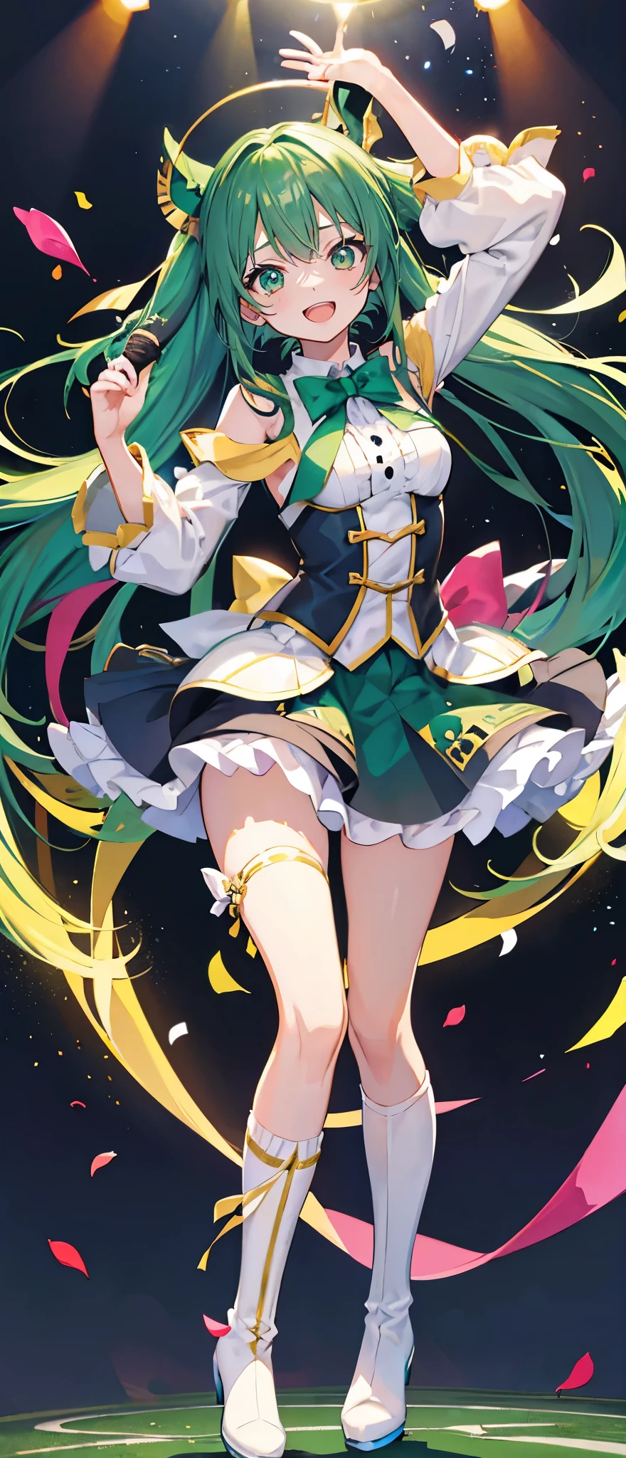(muste piece), (best quality), very detailed, ((1 girl)), solo full body shot,Viewer's perspective,dynamic,jump,(smile),wink,perfect face, beautiful face, very detailedな顔,((emerald hair_straight long hair_emerald eyes:1.3)),Gorgeous idol costumes,ruffle skirt,solo idol,ribbon hair ornament,ribbon boots,knee high socks,concert dome,live,have a microphone,singing,smiling with mouth wide open,Laser Light,Spotlight,Lots of confetti、A large amount of petals dance