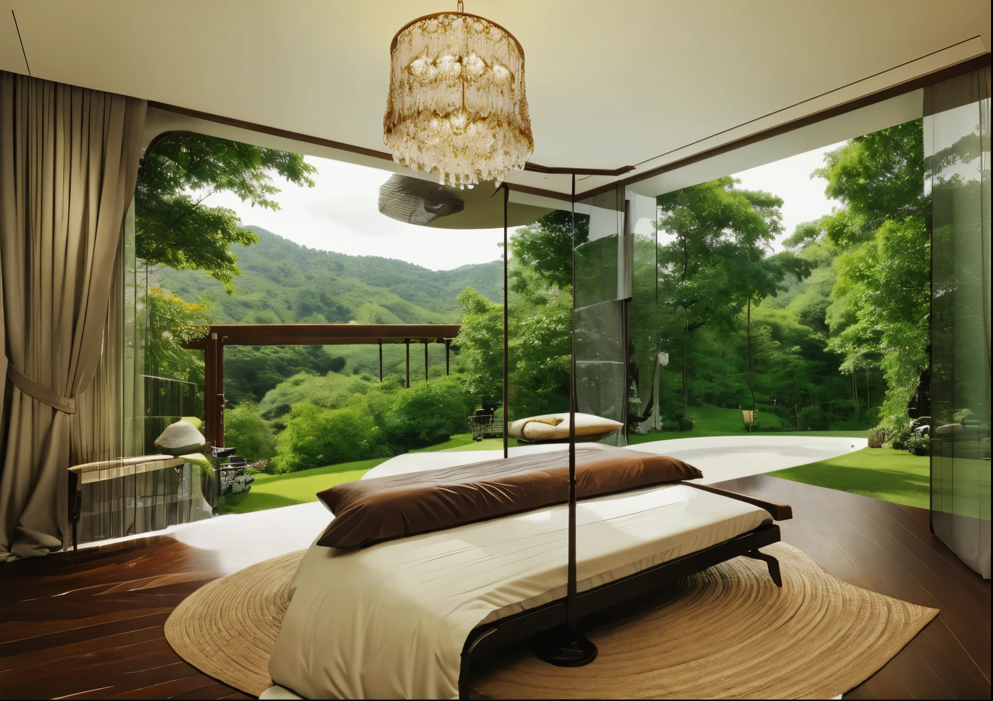 ((masterpiece,best quality,highres,sharp forcus)) (((detail forcus))) , bedroom, (Indochina style ) window and curtain ,glossy black wooden furniture,