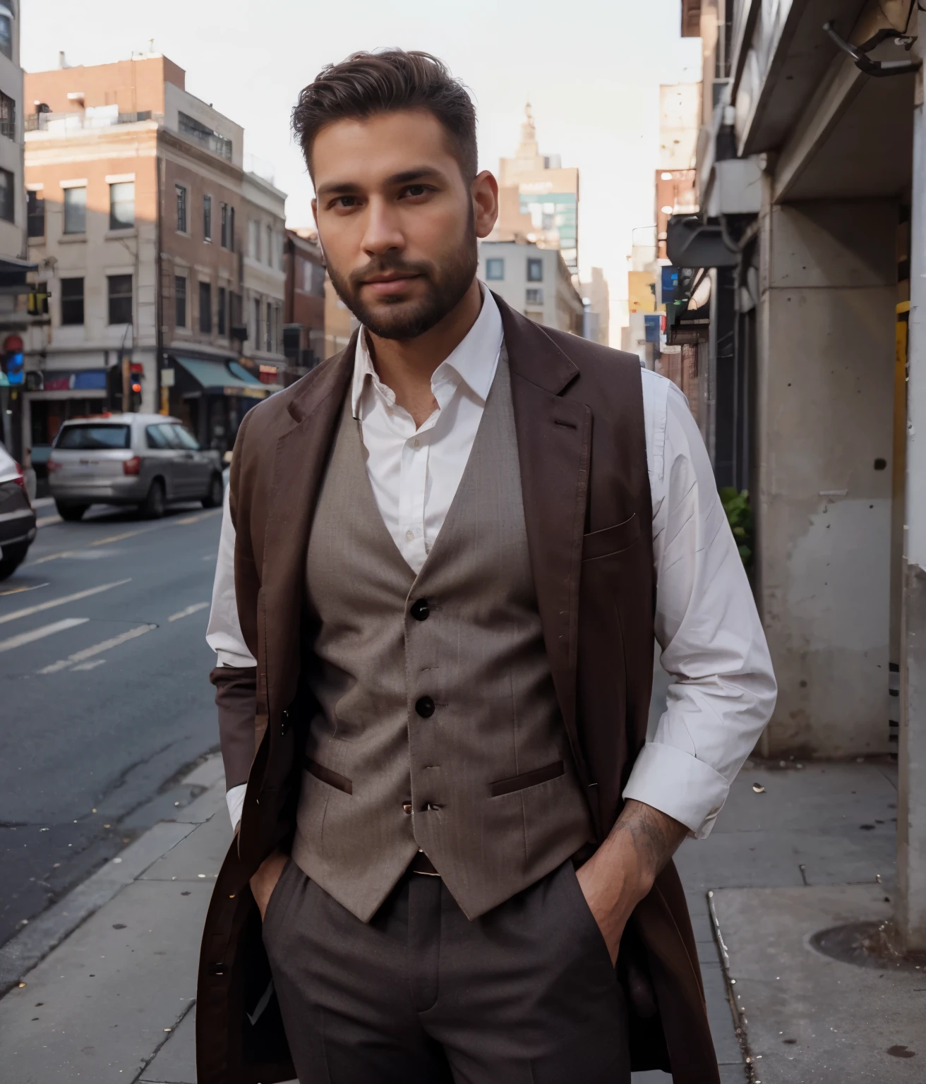 Buetifull man with a full dark  hazel brown beard and white skin, has short brown hair thats comed to the side, shaved sides,. Wearing a brown coat with a blsck suit vest and grey suit pants, strong hawline and cheekbones, has dimples, full beard, white skin, standing outside, close up of face, lookigns straight st camera, pale skin, square face type,