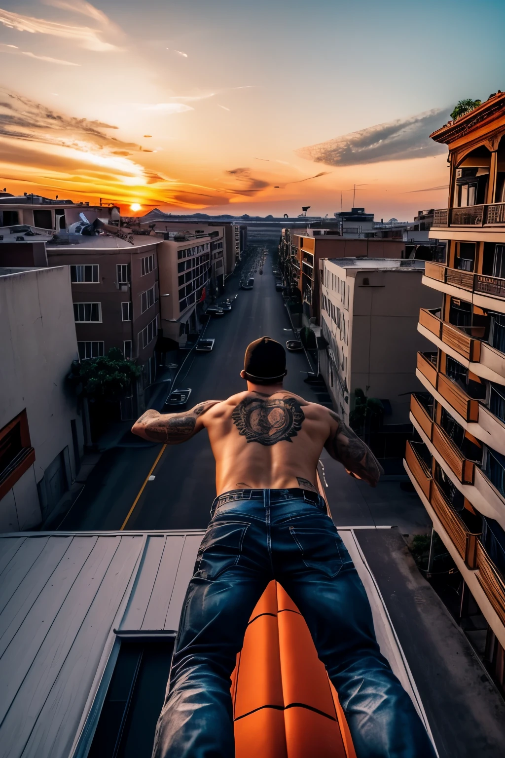 first-person view you can see the two hands with revolvers running of a man with tattoos on his arms jumping from a building to another blue glass roof and view of the sky with orange sunset clouds cinematic action jump