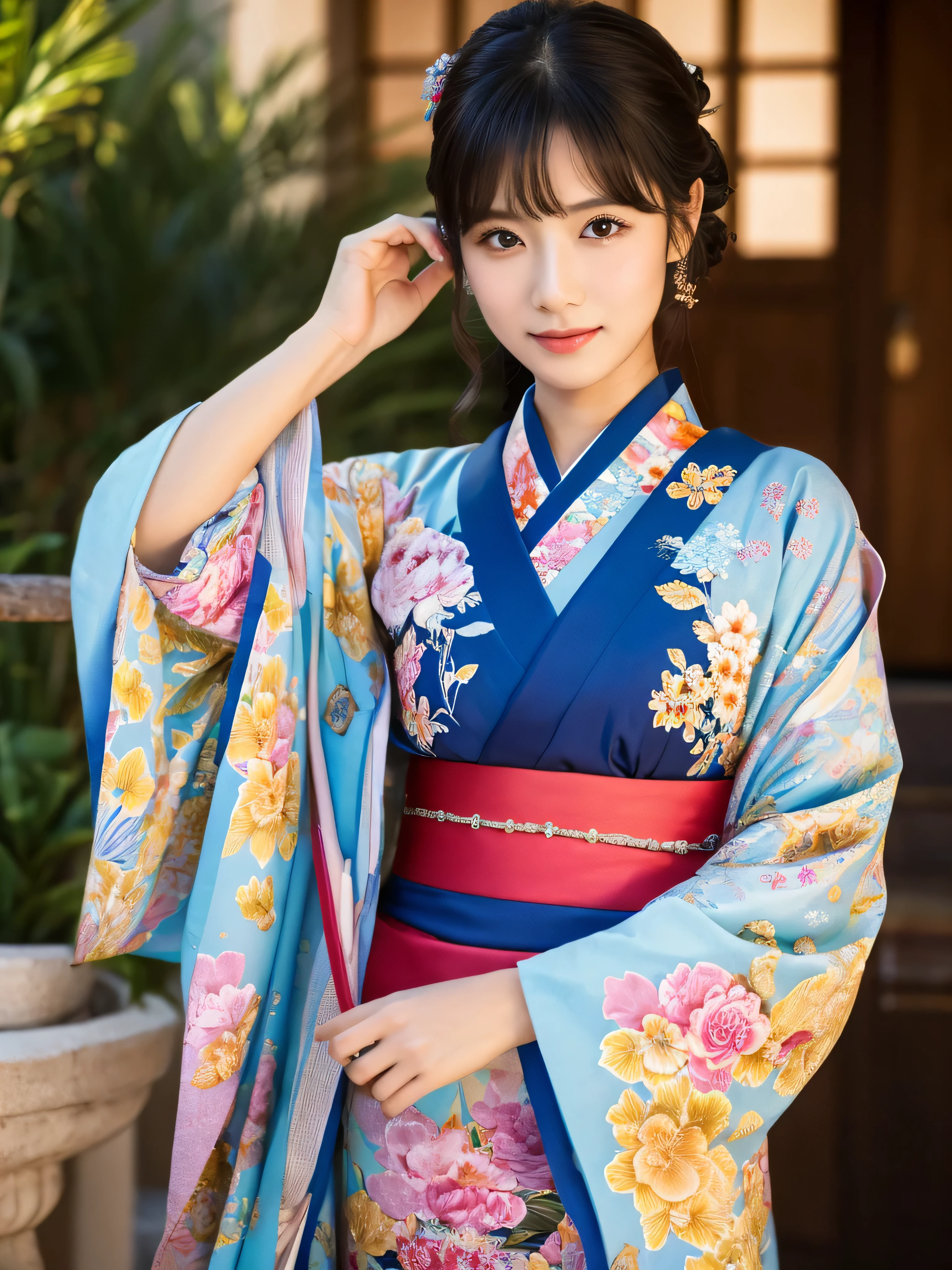 (masterpiece, highest quality, Super detailed:1.3), perfect composition, 4k, (very detailed, very detailed), soft lighting, born, HDR, 8K textures, extreme detail, High detailed skin texture, epic detail, High sharpness, 1 girl, , (skinny), Here is the image of a beautiful 20-year-old Japanese woman in a colorful and elegant furisode kimono, celebrating her coming of age.