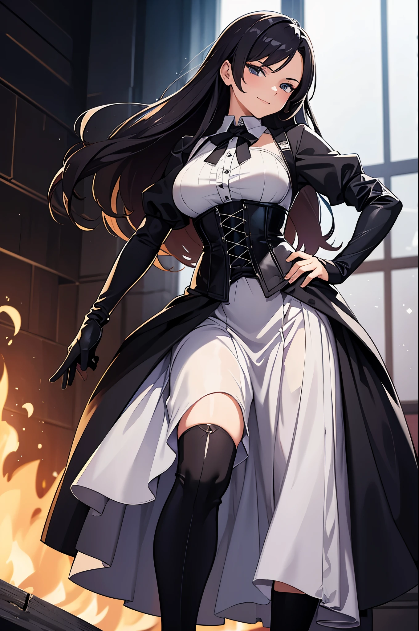 Detailed Image, arrogant woman, (30 years), arrogant smile, drill hairstyle, in a maid uniform with a long skirt, in a corset, in knee-high boots, gloved.