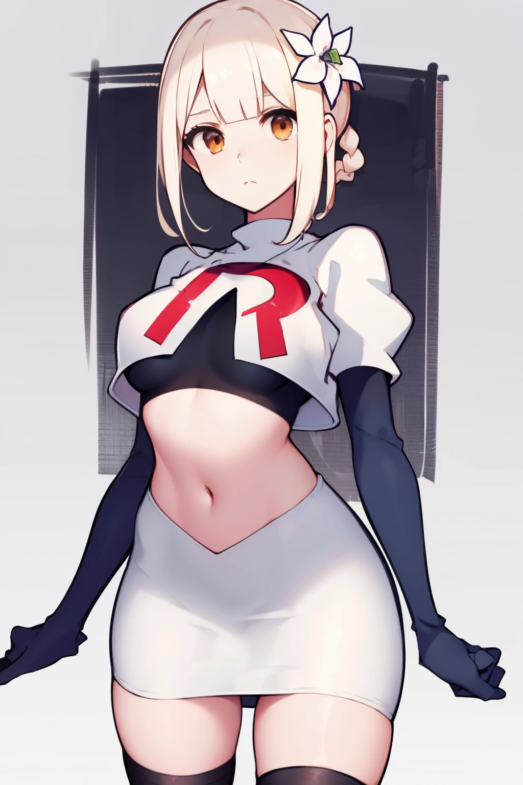 kaine \(nier\), 1girl, bandages, bangs, blonde hair, blunt bangs, braid, brown eyes,  hair flower, hair ornament, nier \(series\), short hair, single braid, solo, white background, white flower, white hair, expressionless, medium breasts, team rocket,team rocket uniform, red letter R, white skirt,white crop top,black thigh-highs,black elbow gloves