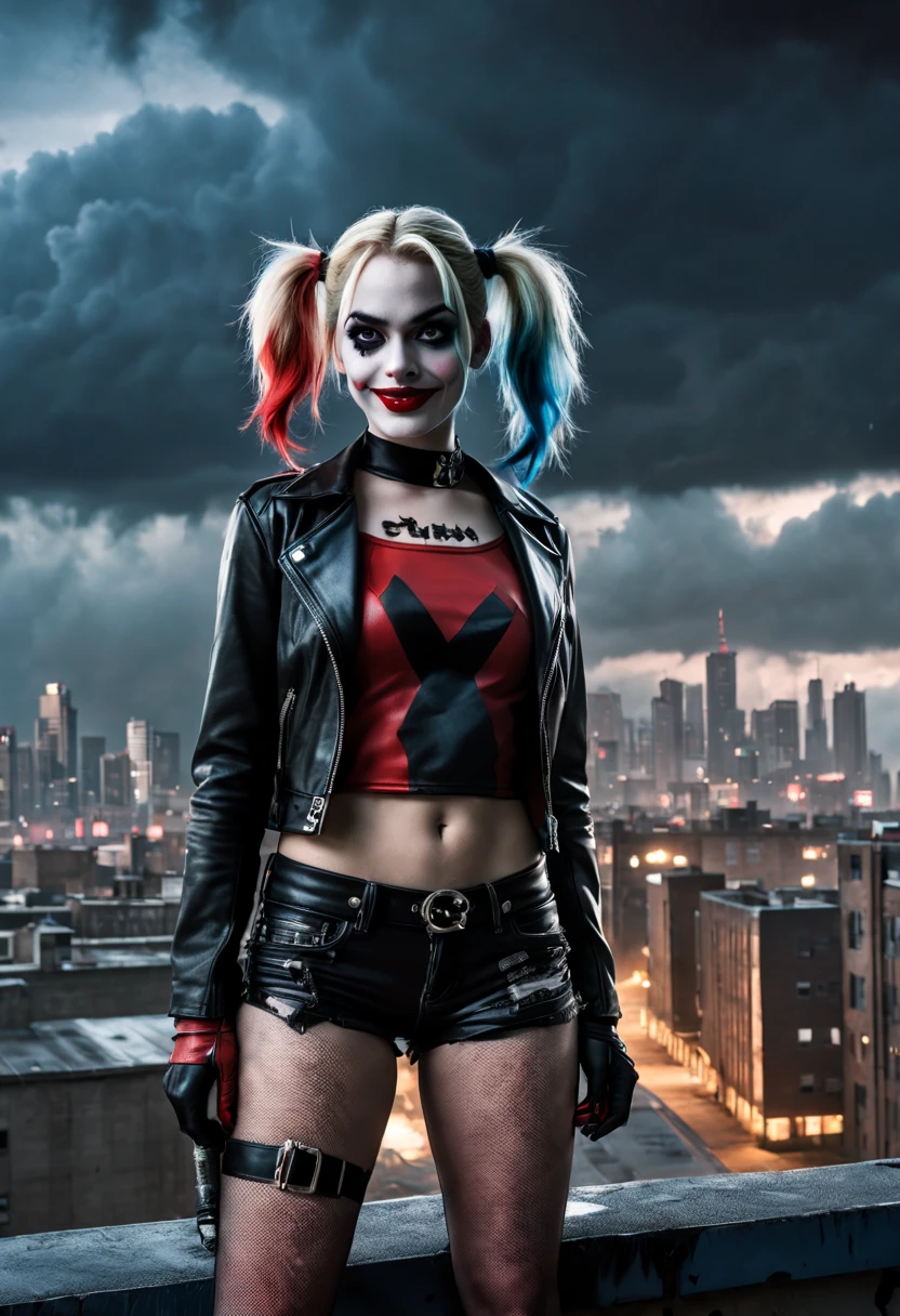(best quality,super detailed),Harley Quinn stands on the roof of a city building,dark and dramatic atmosphere,focus blur,city skyline in background,Storm clouds gather overhead,Vibrant and contrasting colors,ominous lighting,Red and black splashes,eye makeup smudging,Weird and naughty expression,smiling menacingly,Bat and hammer props,Graffiti and street art elements,Abandoned and decaying buildings,The wind blows the hair,leather jacket and shorts,fishnet stockings,Punk style fashion,Secrets and mystery are in the air.