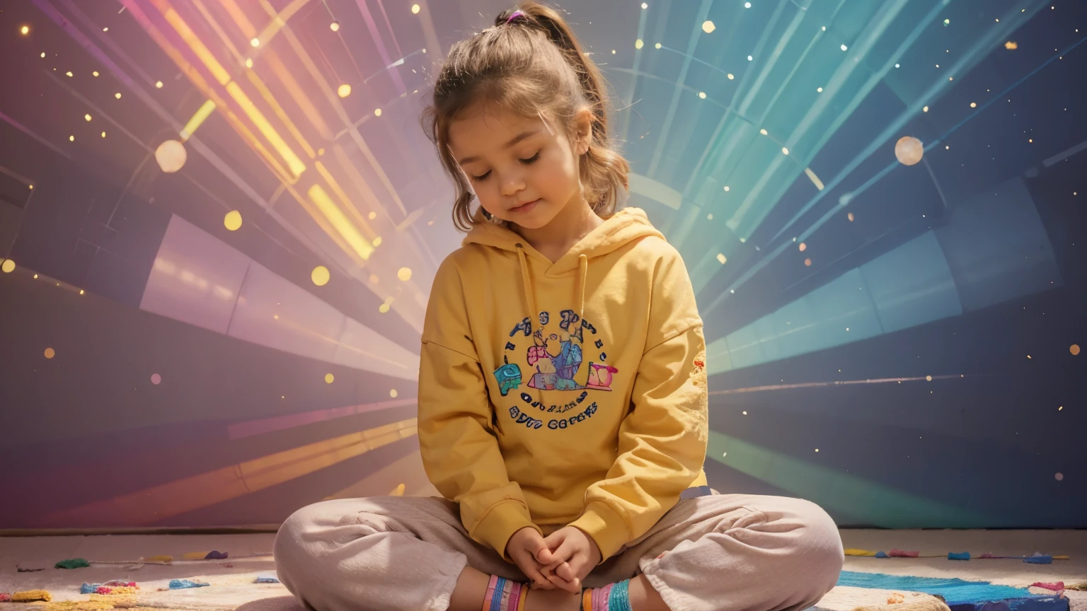  ，baggy clothes, Meditate cross-legged, Very bright colors, light particles, with shining light, Mshiv, wallpaper art, UHD wallpaper