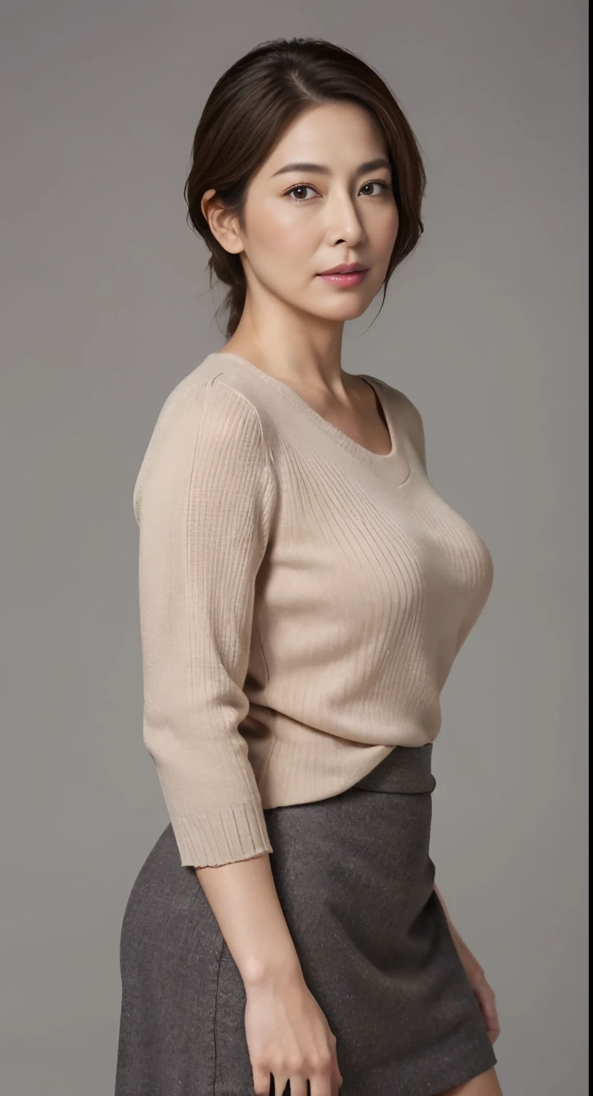 high resolution, High level of image quality, high detail, Masterpiece, textured skin, anatomically correct, sharp, gray background((japan mature, 55 years old)), solo, ((There are wrinkles on the face)), Big breasts and good figure, Shoulder length light brown straight hair, chubby figure (((stand upright,Face the center of the screen))), shut up,Staring straight ahead with a serious face, sweater, skirt made of, ((cowboy shooting)),